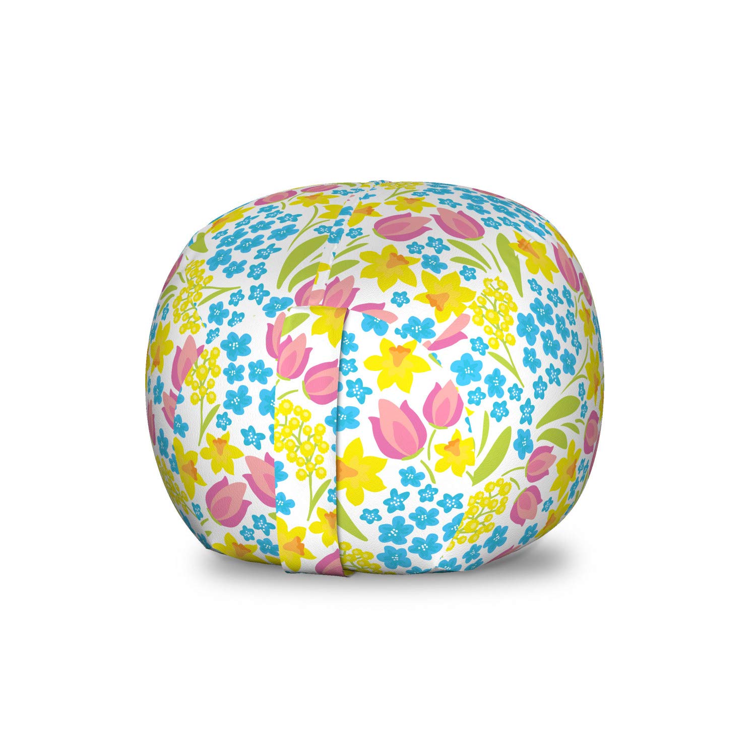 Ambesonne Floral Storage Toy Bag Chair - Spring Meadow with Daffodils Tulips Mimosas Design, Washable Stuffed Animal Organizer for Kids Room, Small Size White & Multicolor - Perfect for Nursery, Playroom & Bedroom Organization