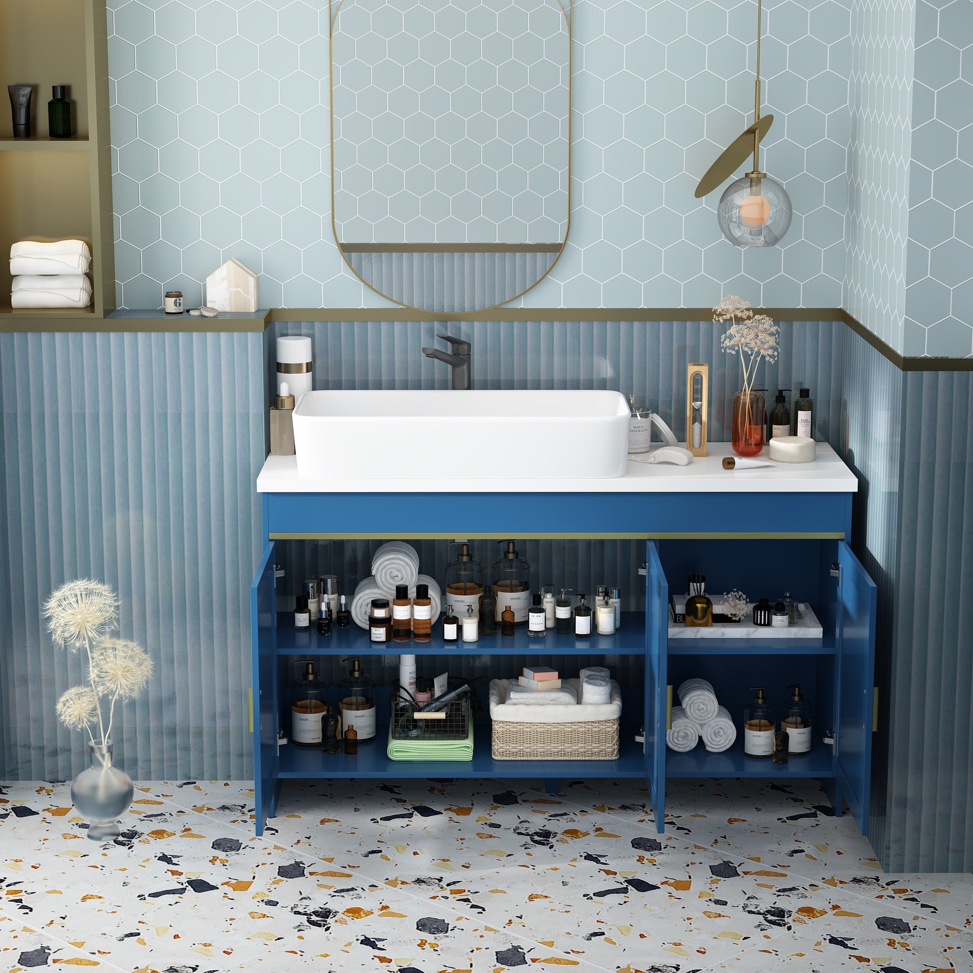 55W 3-Door Bathroom Vanity with Sink, 2 Adjustable Shelves in Deep Blue - Perfect for Modern Bathroom Storage and Organization
