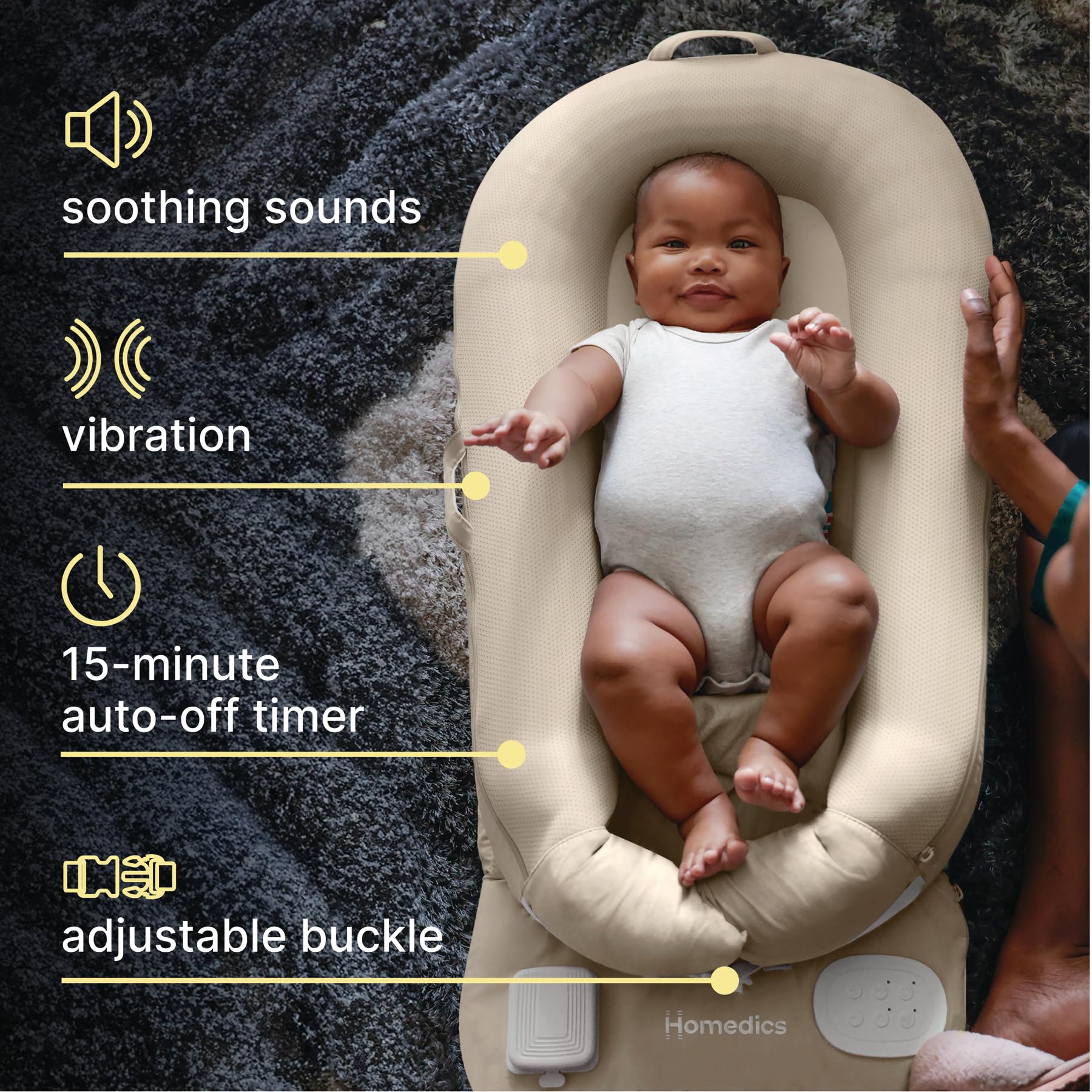 Homedics 3-in-1 Calming Baby Cushion with Soothing Sound & Vibration - Rechargeable & Machine Washable Infant Comfort Pillow for Newborns & Babies - Safe Snuggling Sensation for Nursery, Car Seat & Stroller (Tan)