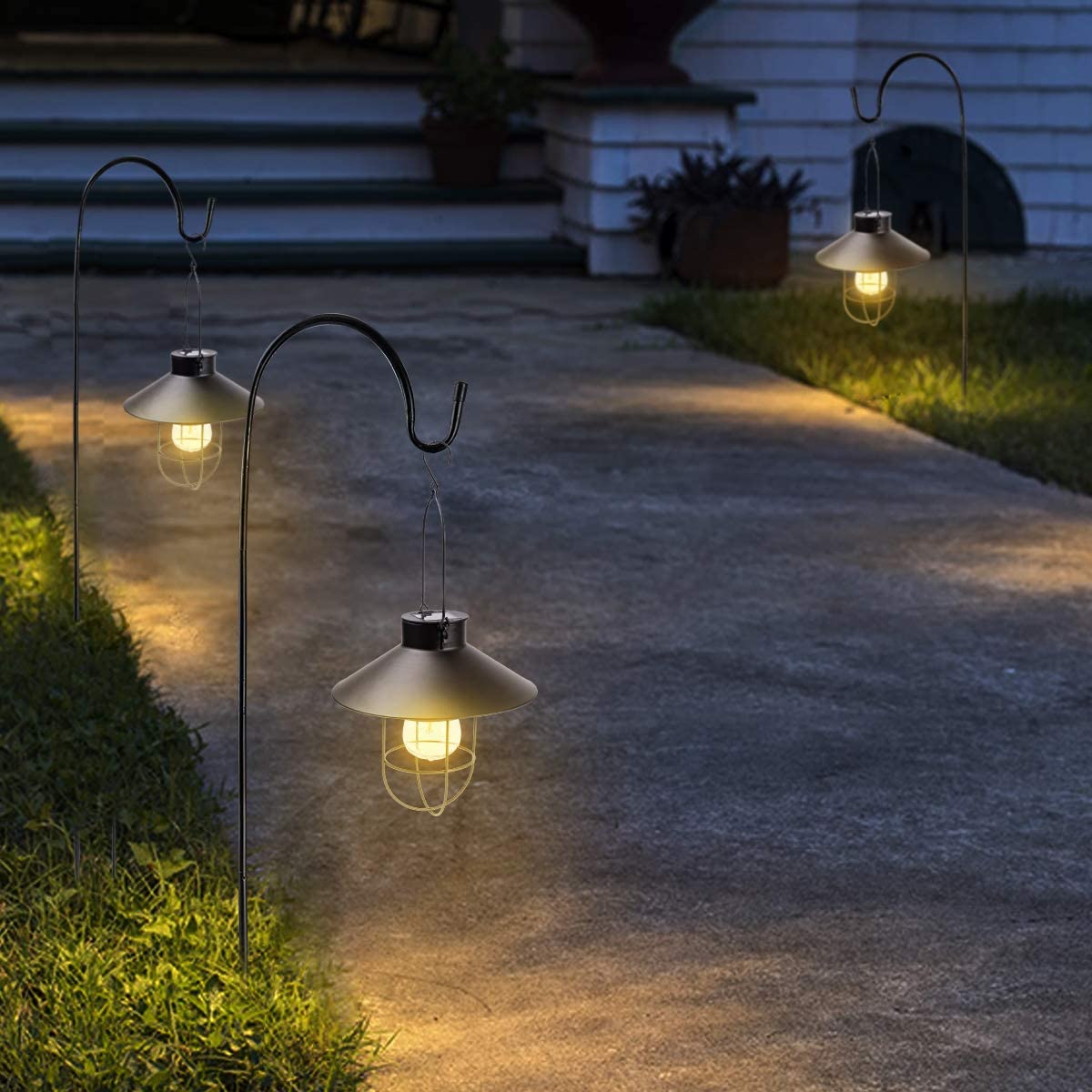 HUYIENO 2 Pack Solar Powered Outdoor Hanging Lanterns - Black Metal LED Garden Lights with Shepherd Hook | Weatherproof for Patio, Yard, Pathway & Landscape Decoration
