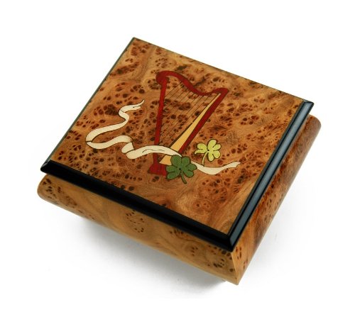 Celtic Harp Irish Music Box with Green Clovers & Ribbon - Traditional Irish Songs Gift for St. Patrick's Day, Weddings & Home Decor