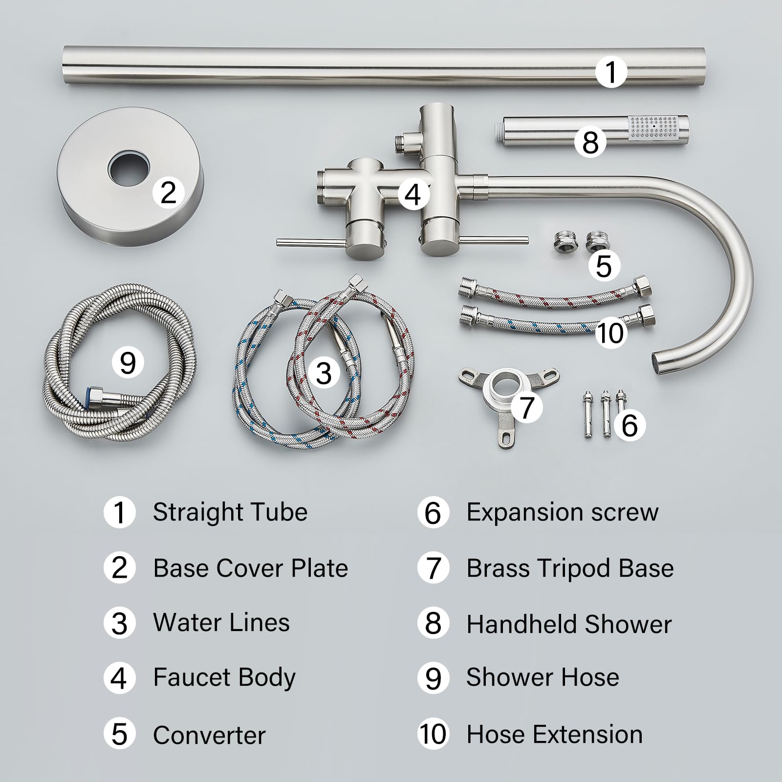 YAGATAP Freestanding Bathtub Faucet - Floor Mount Tub Filler with Handheld Shower Mixer in Brushed Nickel - High Flow Shower Faucet with Swivel Spout for Modern Bathroom Luxury | Perfect for Spa-Like Relaxation and Elegant Bathroom Upgrades