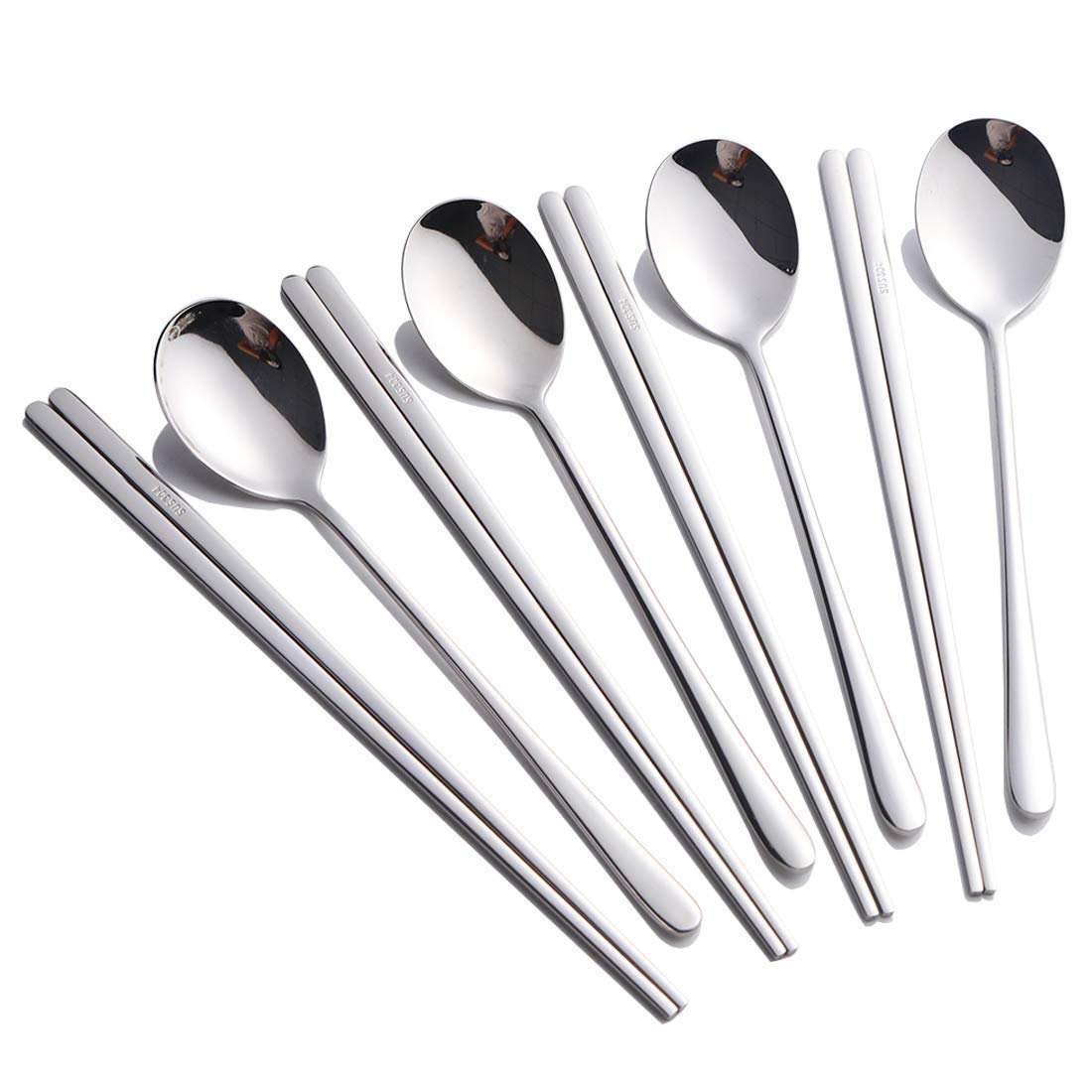 Premium 4-Piece Korean Stainless Steel Chopsticks & Spoon Set - Reusable Silver Metal Cutlery for Asian Dining | Perfect for Home, Restaurants & Gifting