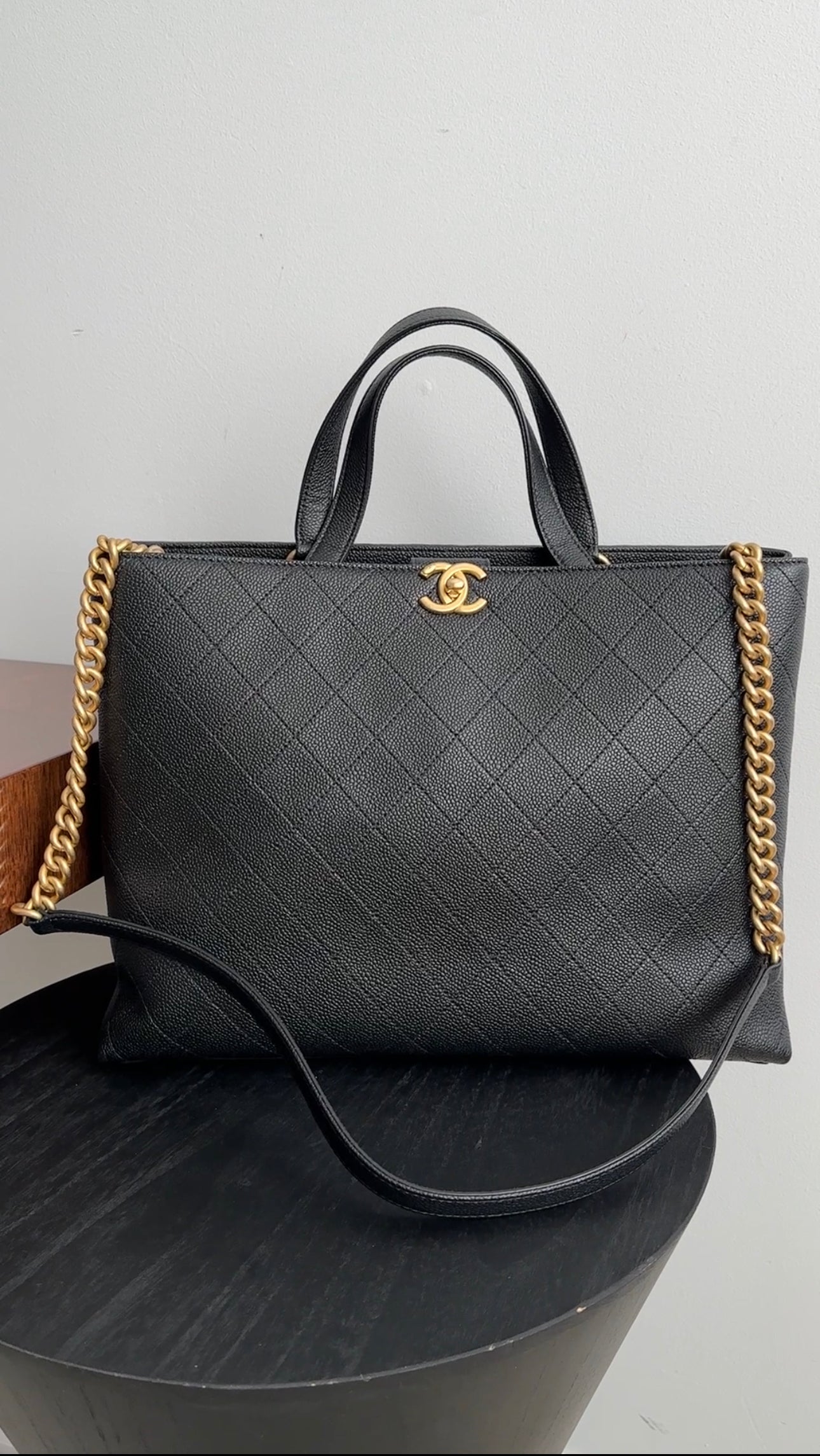 Chanel Black Stitched Caviar Leather Chic Affinity Tote Bag for Women - Luxury Designer Handbag for Work, Travel & Everyday Use