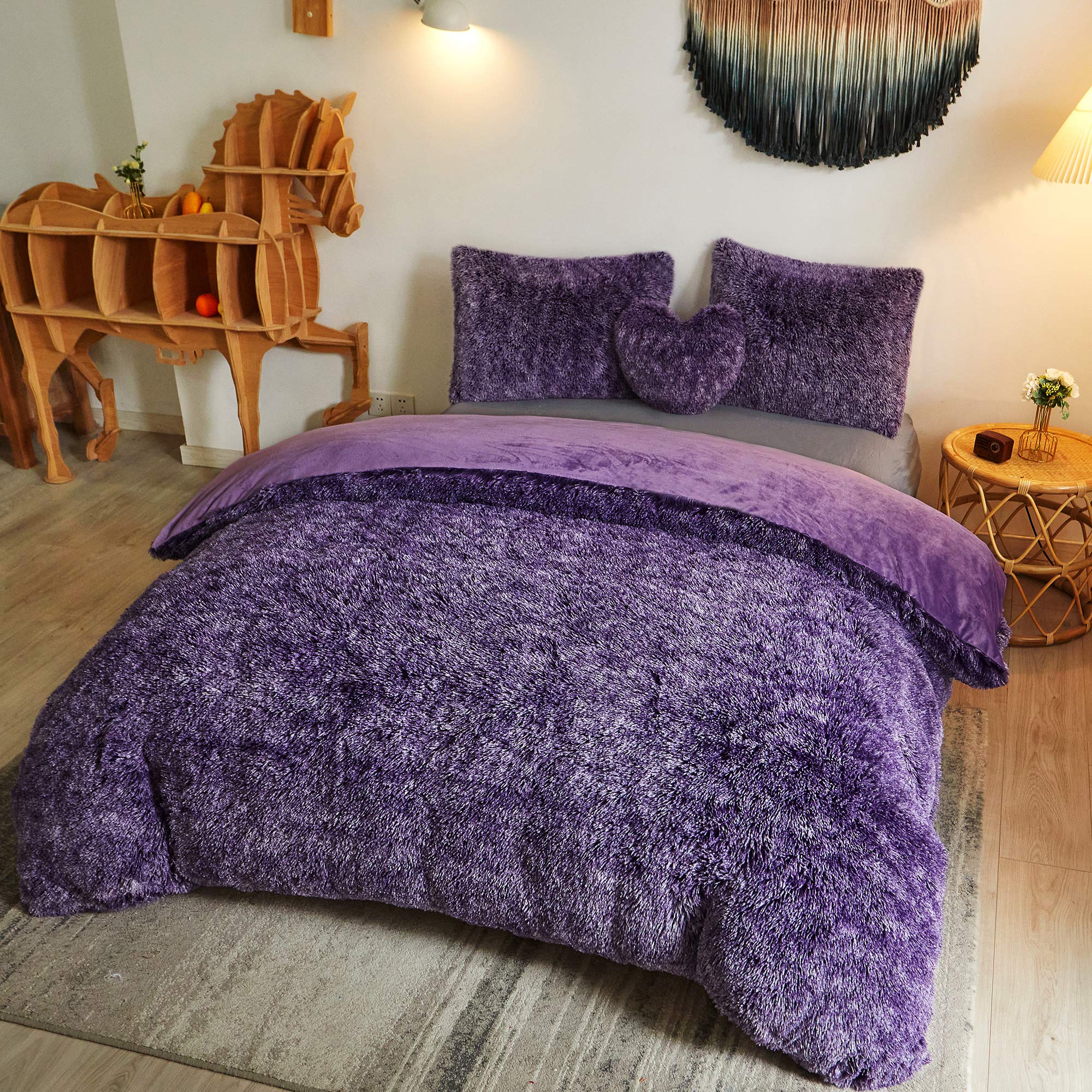 Luxury Shaggy Faux Fur Duvet Cover Set - Ultra Soft Fluffy Comforter Cover with Zipper Closure (Twin Size, Purple Ombre) | Cozy Bedding for Winter Nights & Stylish Home Decor