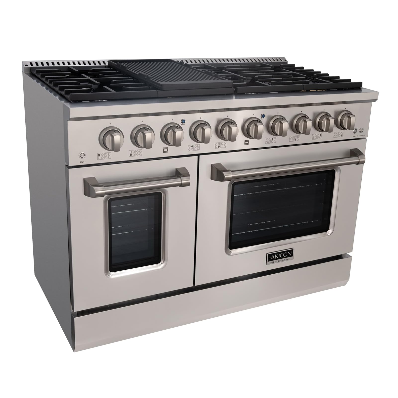 Akicon 48 Inch Freestanding Gas Range - 6.7 cu. ft. Double Rapid Convection Gas Oven with 8 Sealed Burners & Griddle - Heavy Duty Cast Iron Grates (Stainless Steel) - Perfect for Home Kitchen, Restaurant & Commercial Cooking