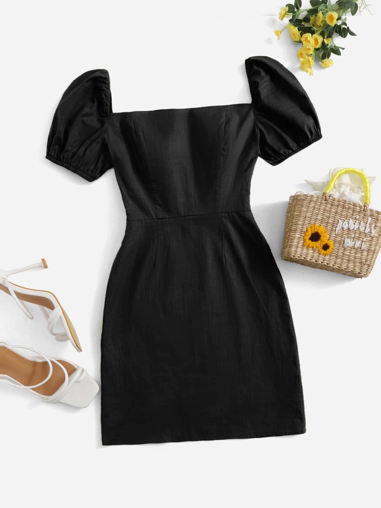 Elegant Women's Puff Sleeve Zip Side Dress Slim Fit Black X-Large - Perfect for Cocktail Parties, Date Nights & Office Wear