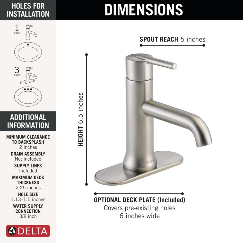 Delta Trinsic Single-Hole Bathroom Faucet - Brushed Nickel, Single Handle Water-Saving Design, Stainless Steel Construction (Model 559LF-SSLPU) - Perfect for Modern Bathrooms, Vanities & Powder Rooms
