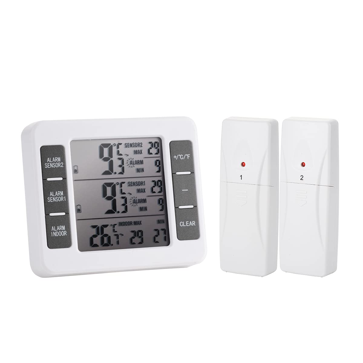 Freezer Alarm with Audible Alert & 2 Wireless Sensors - Indoor/Outdoor Refrigerator Thermometer for Home Kitchen - Monitor Food Safety in Freezers, Fridges & Garages