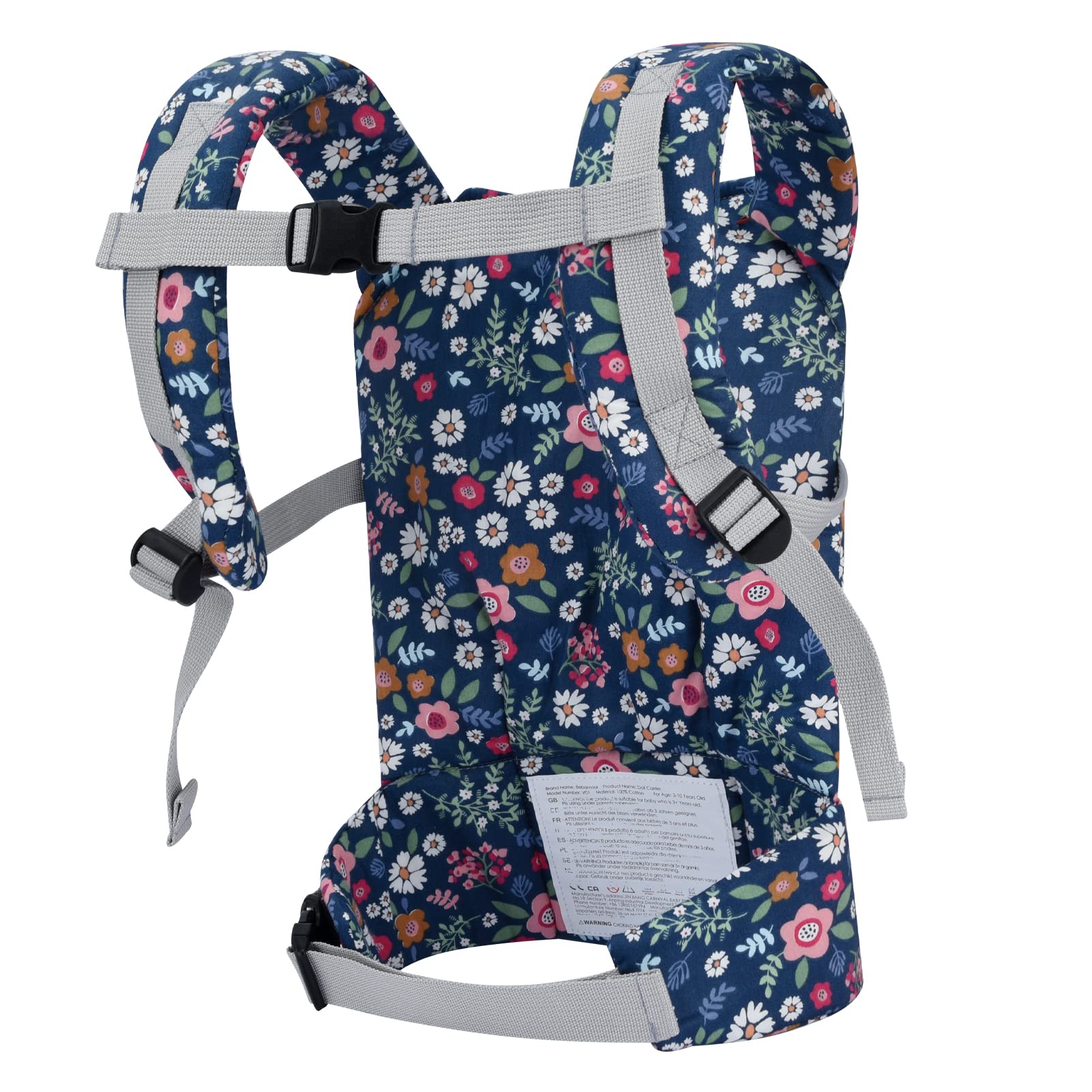 Bebamour Baby Doll Carrier for Kids - Soft Cotton Front & Back Stuffed Toy Holder - Perfect Gift for Boys & Girls (Blue Flower) - Ideal for Pretend Play, Role-Playing & Comforting Companions
