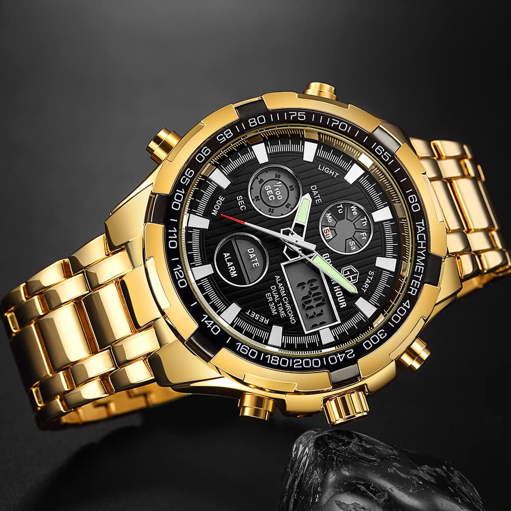 GOLDEN HOUR Luxury Stainless Steel Analog Digital Watch for Men - Waterproof Sports Wristwatch with Heavy Duty Design | Perfect for Outdoor Activities, Hiking & Everyday Wear