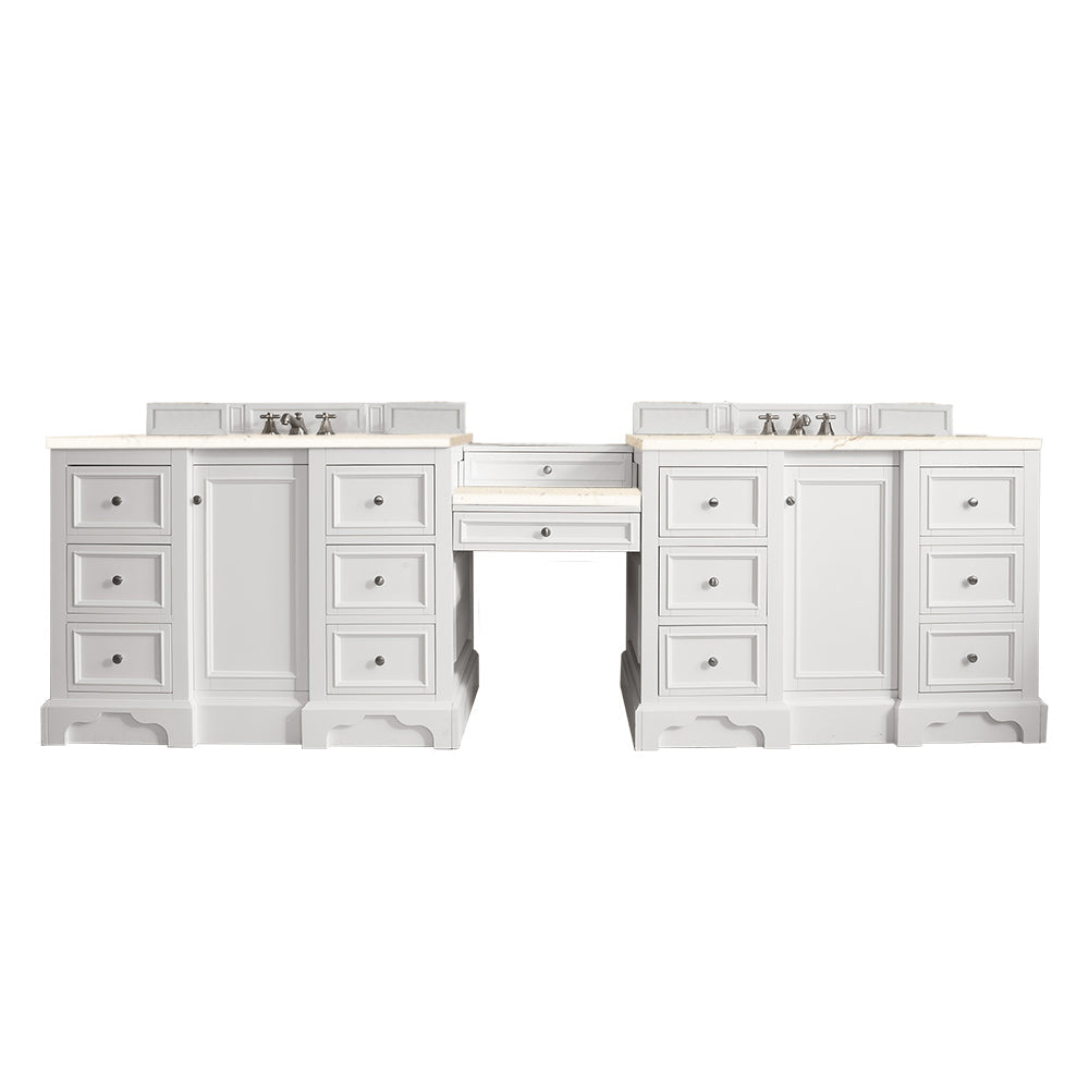 De Soto 118 Double Vanity Set with Makeup Table - Bright White Finish & 3CM Eternal Marfil Quartz Top - Perfect for Master Bathroom, Bedroom Dressing Area & Luxury Home Decor