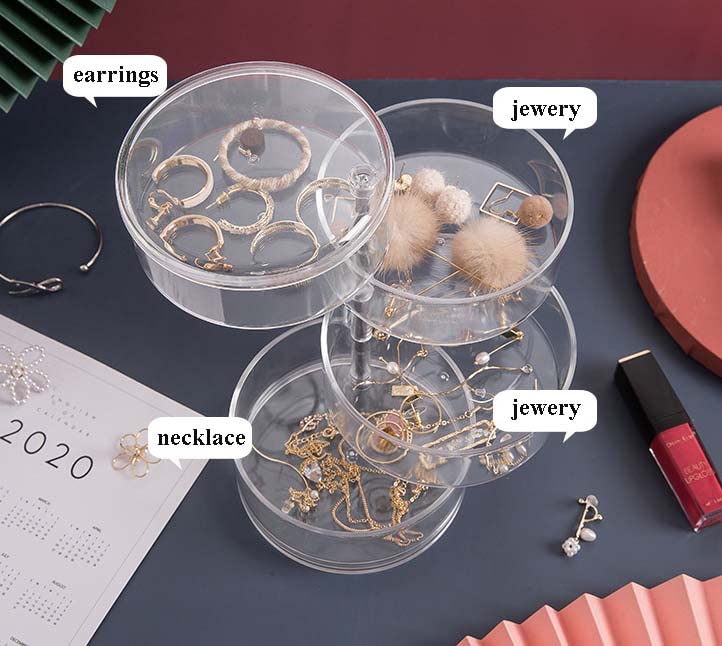4-Layer Rotating Jewelry Organizer Box with Lid - Clear Travel Jewelry Storage Case for Rings, Earrings, Necklaces & Bracelets - Compact 4.5 x 4.5 x 7 Inch Jewelry Box for Women - Perfect for Travel, Gifts & Home Organization
