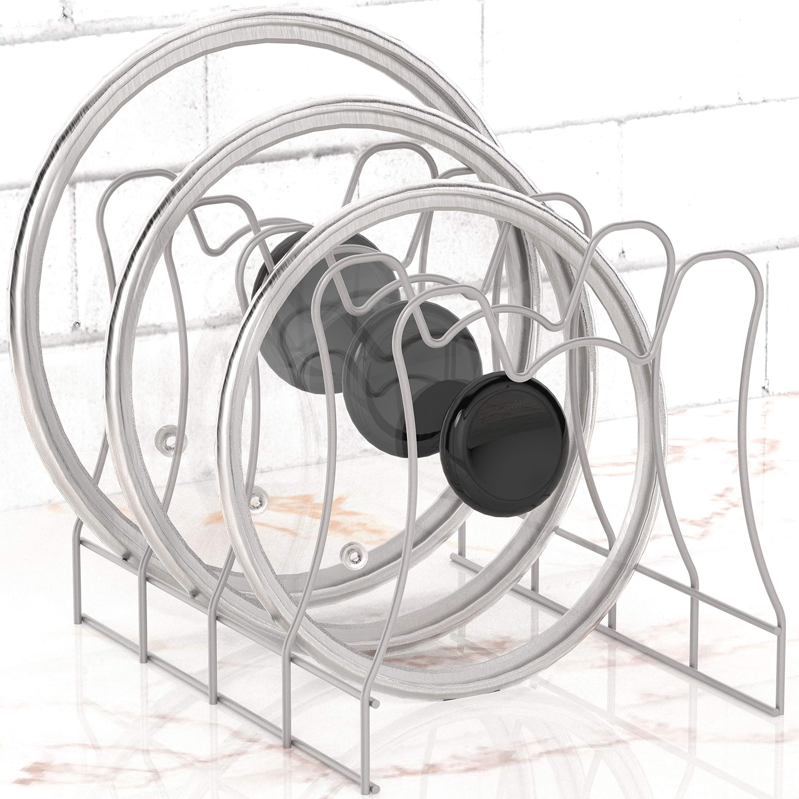 Stainless Steel Pot Lid Holder Organizer - Space Saving Kitchen Storage Rack for Pots & Pans Lids - Perfect for Cabinet, Drawer or Countertop Organization