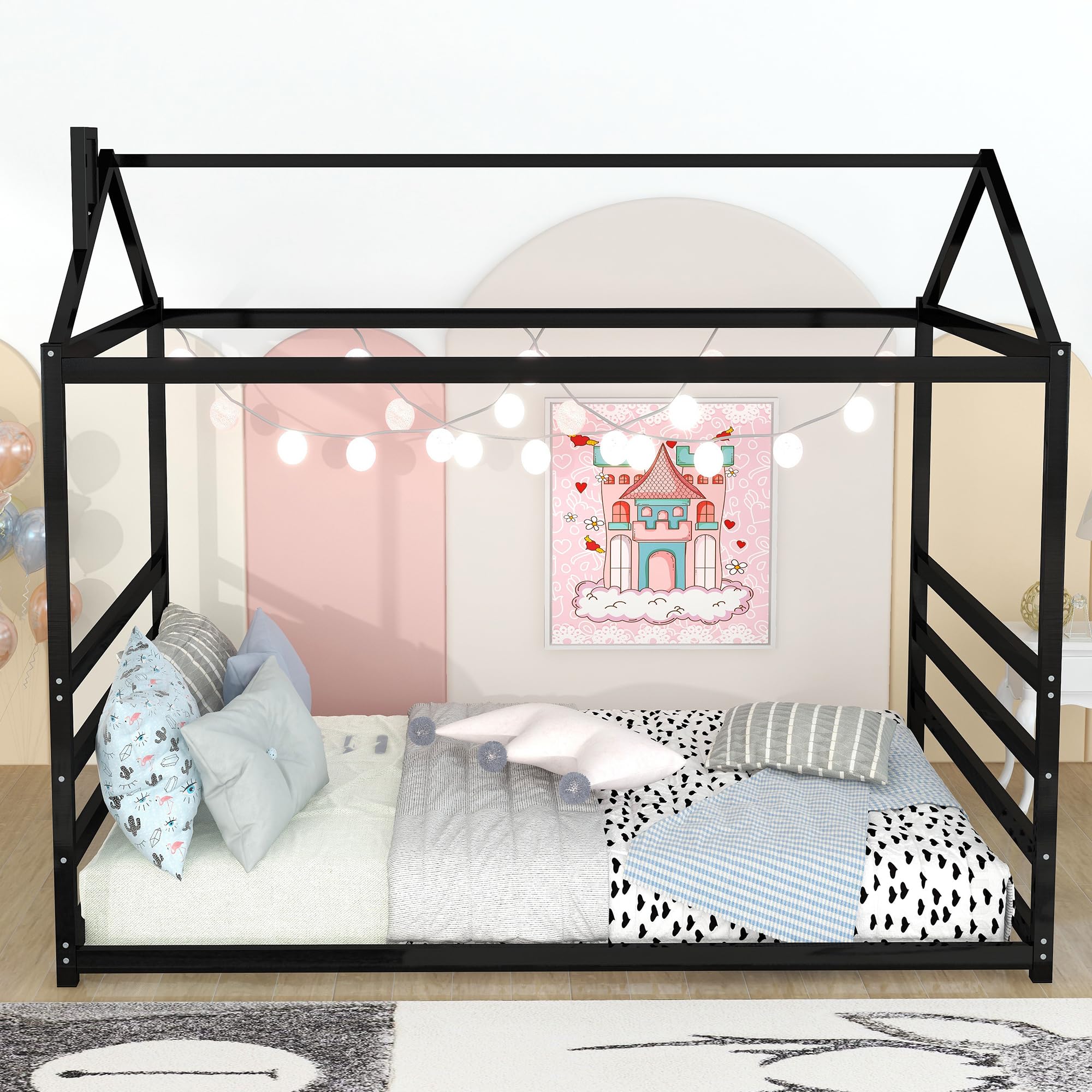 Montessori Metal Queen Size Floor Bed with Roof - Sturdy House Bed Frame for Kids, Boys & Girls - Black | Perfect for Montessori Bedrooms, Playrooms & Cozy Sleep Spaces