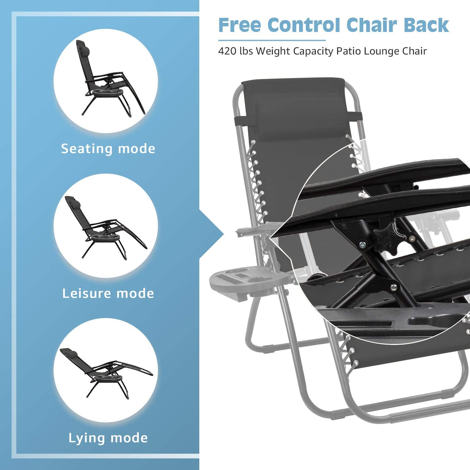 Devoko Zero Gravity Chair - Adjustable Outdoor Recliner with Side Table & Pillow, Foldable Patio Lounge Chair for Pool, Beach, Garden, and Backyard Relaxation (Black)