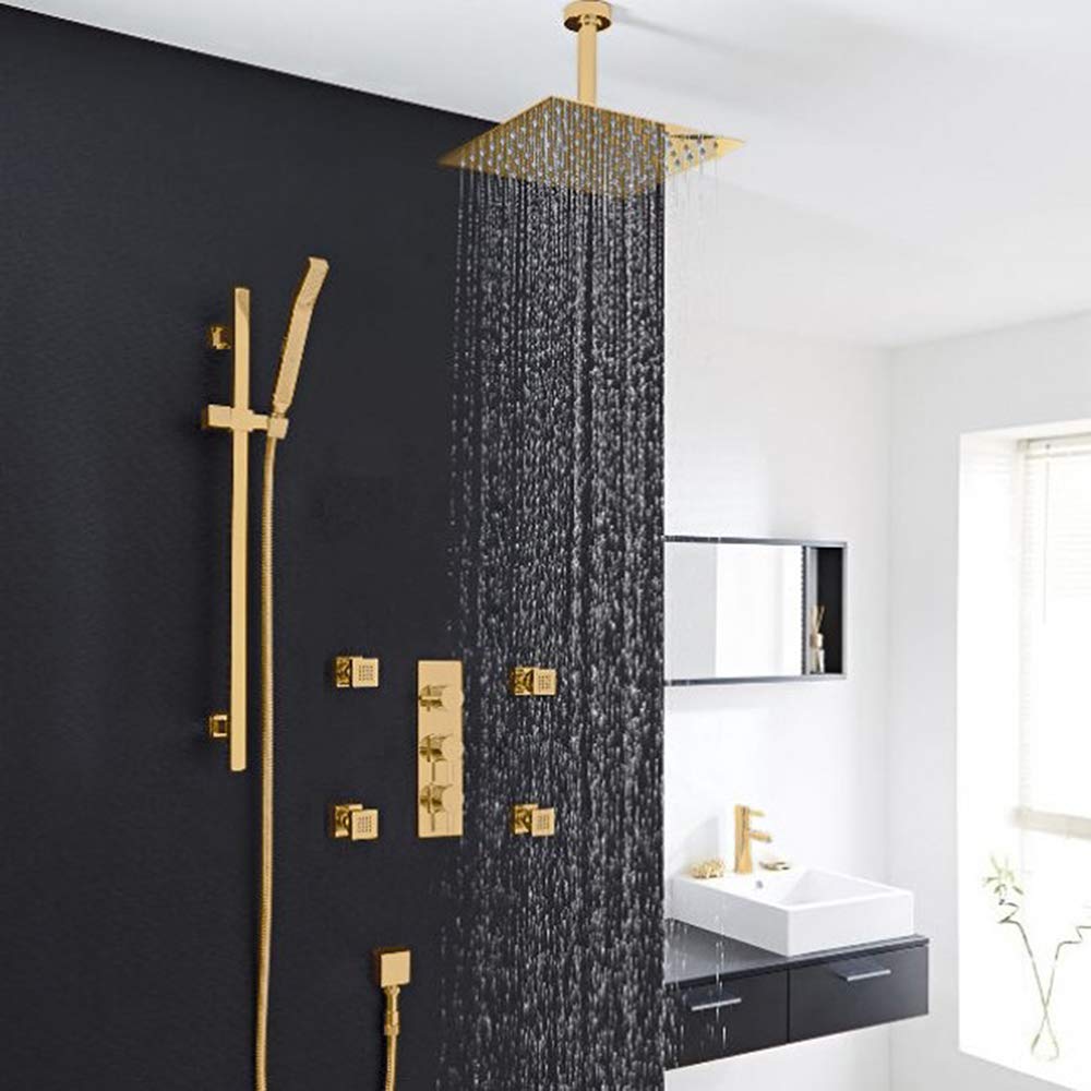 Juno Luxury 4-Jet Body Massage Shower System with Rainfall Shower Head & Handheld Shower - Adjustable Stainless Steel Shower Set with 5-Year Warranty (8-Inch Gold Tone) - Perfect for Spa-Like Relaxation at Home