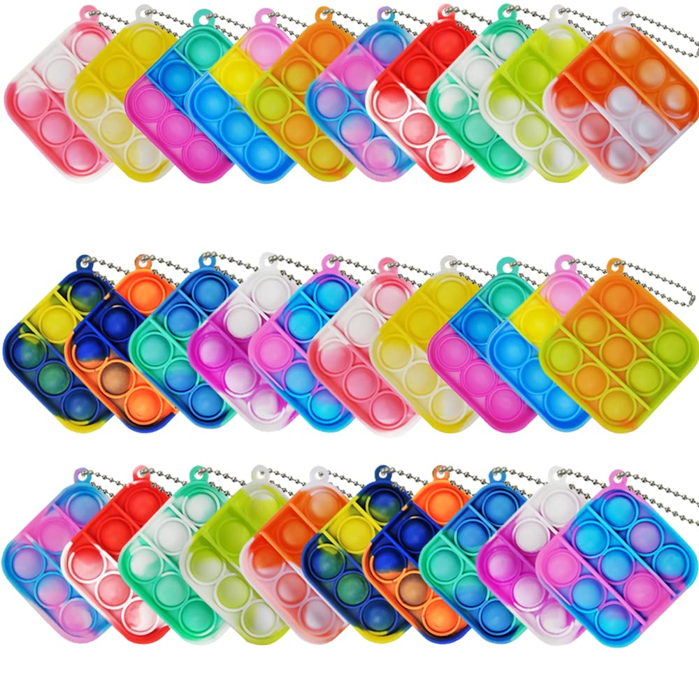 30 Pcs Tie Dye Squeeze Pop Bubble Fidget Sensory Toys - Stress Relief Keychain for Kids & Adults, Bulk Classroom Prizes, Anxiety Relief Sensory Toys for Home, Office, and Travel Use