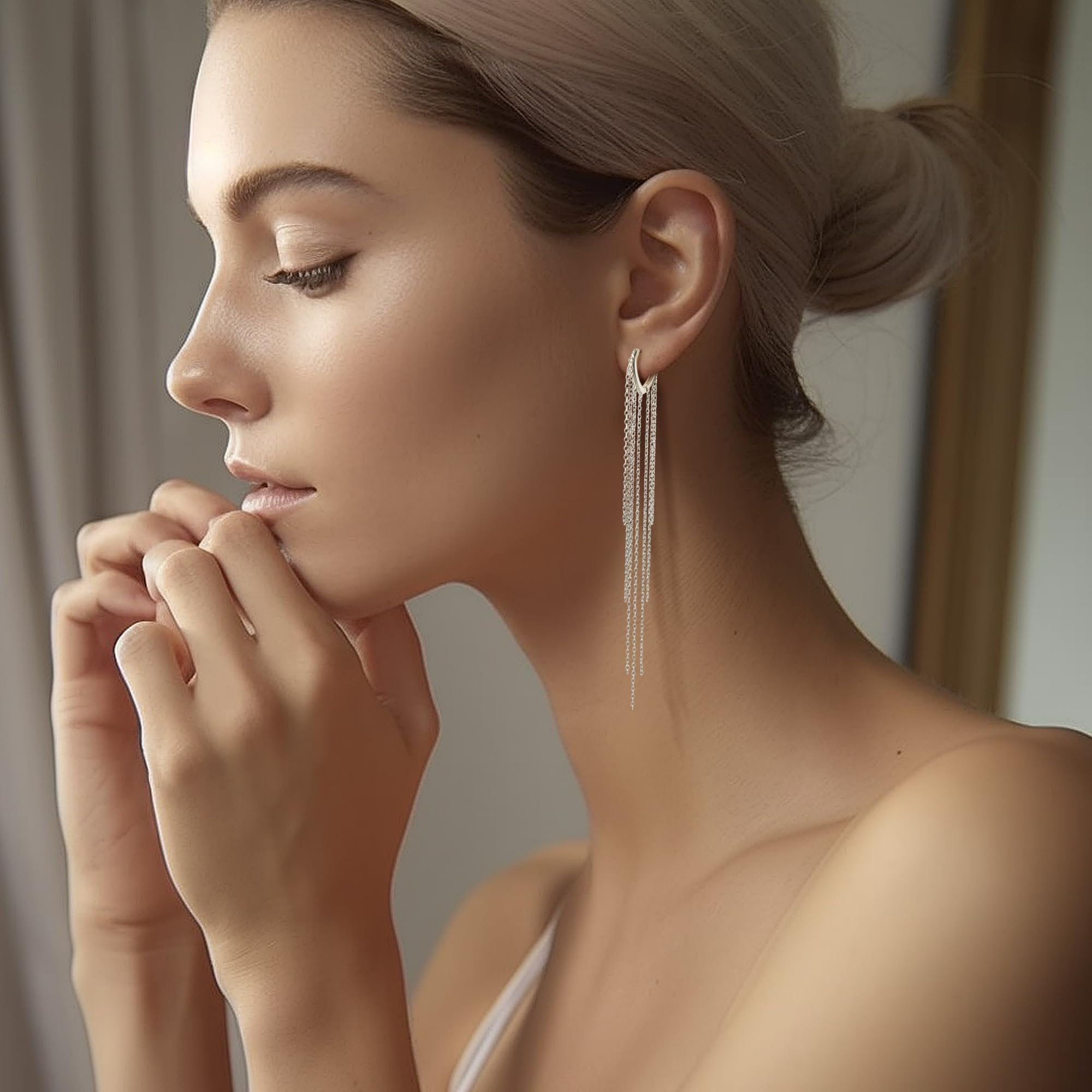KRFY Sterling Silver Hoop Earrings for Women - 925 Silver Long Tassel Dangle Earrings with Gold Accents | Elegant Chandelier Threading Chain Earrings for Parties, Weddings & Evening Events