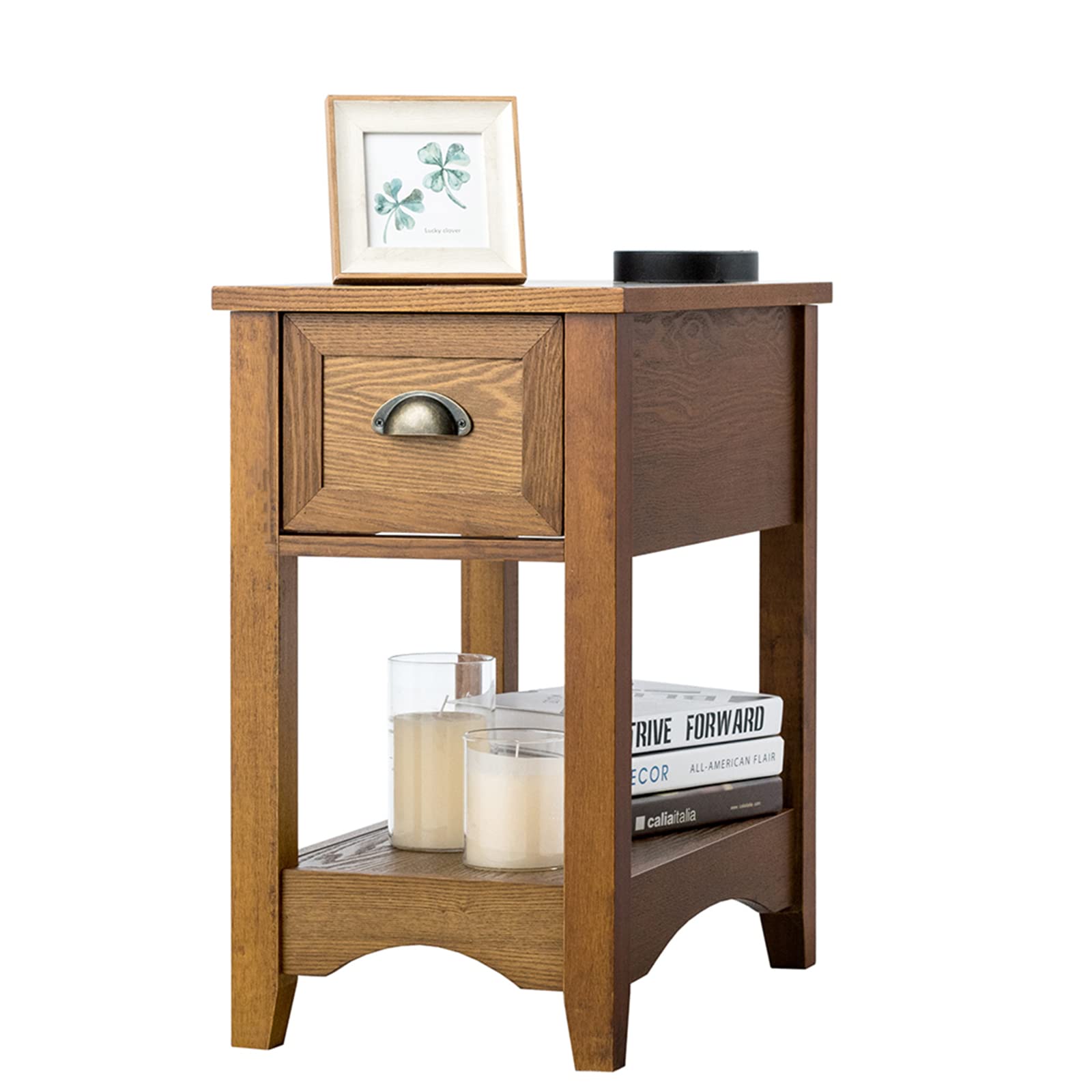 KOTEK Retro Narrow End Table with Drawer & Open Shelf - Solid Wood Legs Nightstand for Small Spaces - Slim Side Table for Living Room, Bedroom, Home Office - Perfect for Reading Nook, Apartment Decor & Coffee Table Companion (Tawny)