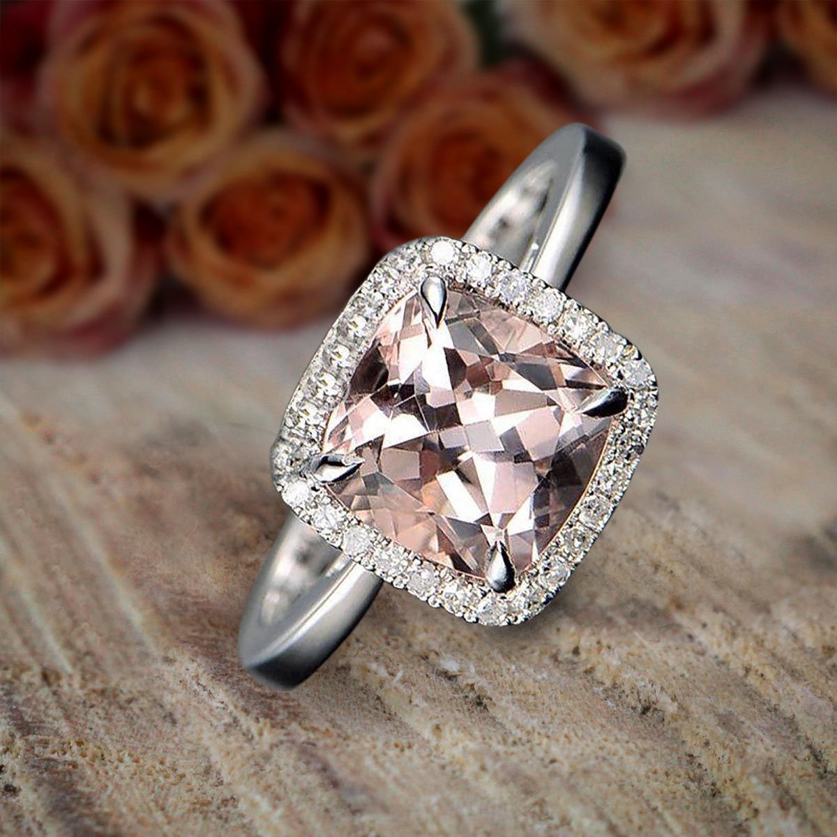 1.25 Carat Cushion Cut Peach Pink Morganite & Diamond Halo Engagement Ring - 18k Gold Plated - Perfect for Proposals, Weddings & Anniversary Gifts