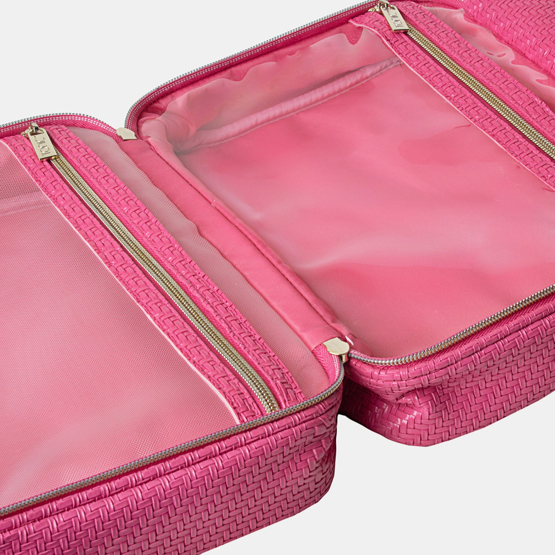 Hanging Cosmetic Bag for Travel - Waterproof Makeup Organizer with Herringbone Pattern in Raspberry Color - Perfect for Toiletries, Jewelry & Essentials Storage on Vacation