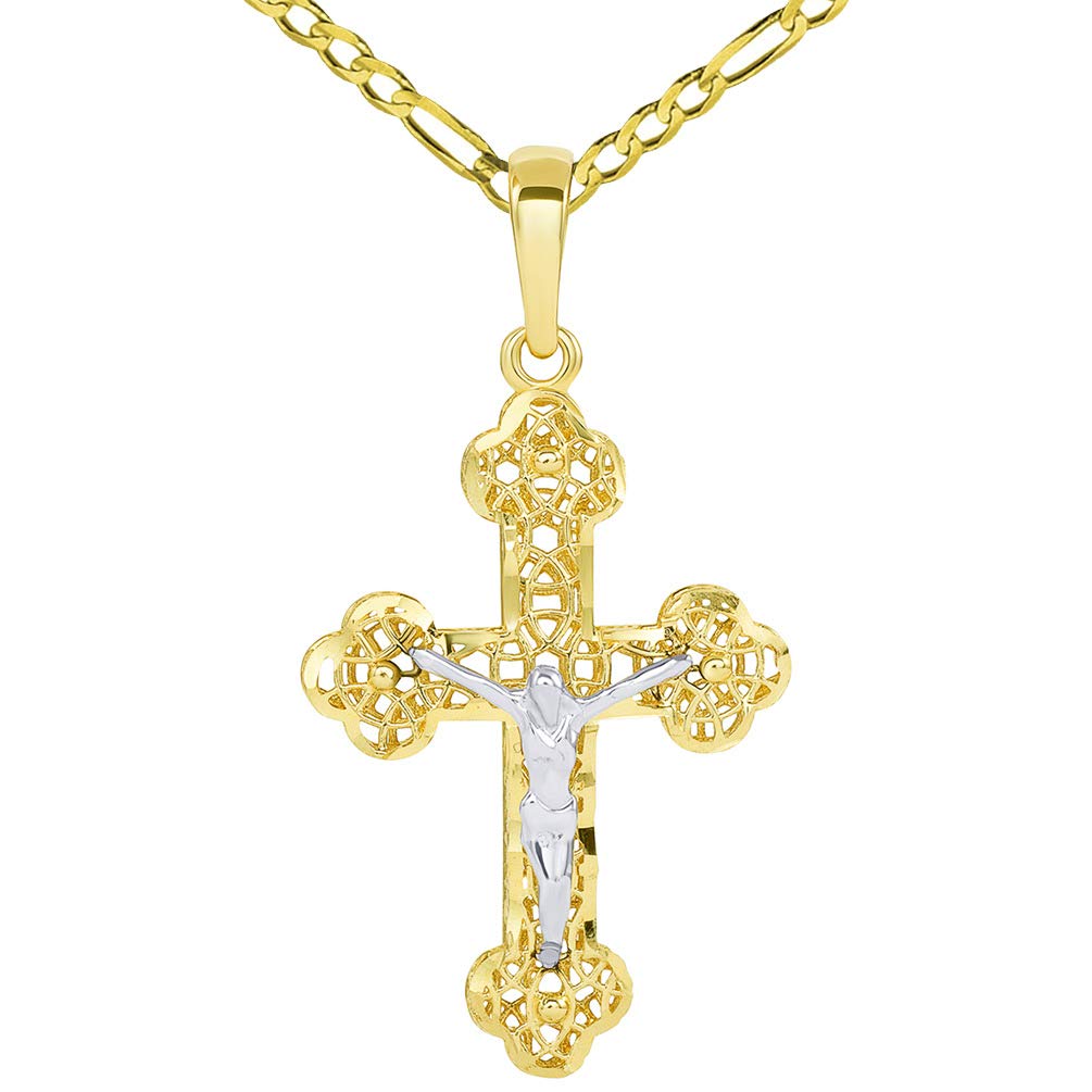 14K Two-Tone Gold Textured Filigree Eastern Orthodox Cross Pendant with 3D Jesus Crucifix & Figaro Chain Necklace - Perfect for Religious Gifts, Baptism, First Communion & Spiritual Jewelry Collection