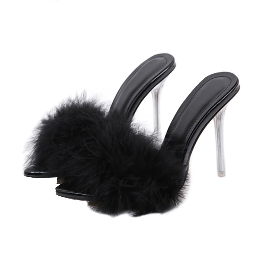 YIBLBOX Women's Fluffy Feather Open Toe Stiletto Slippers - Soft Plush Slide Sandals for Indoor/Outdoor Comfort, Lounge & Spa Wear