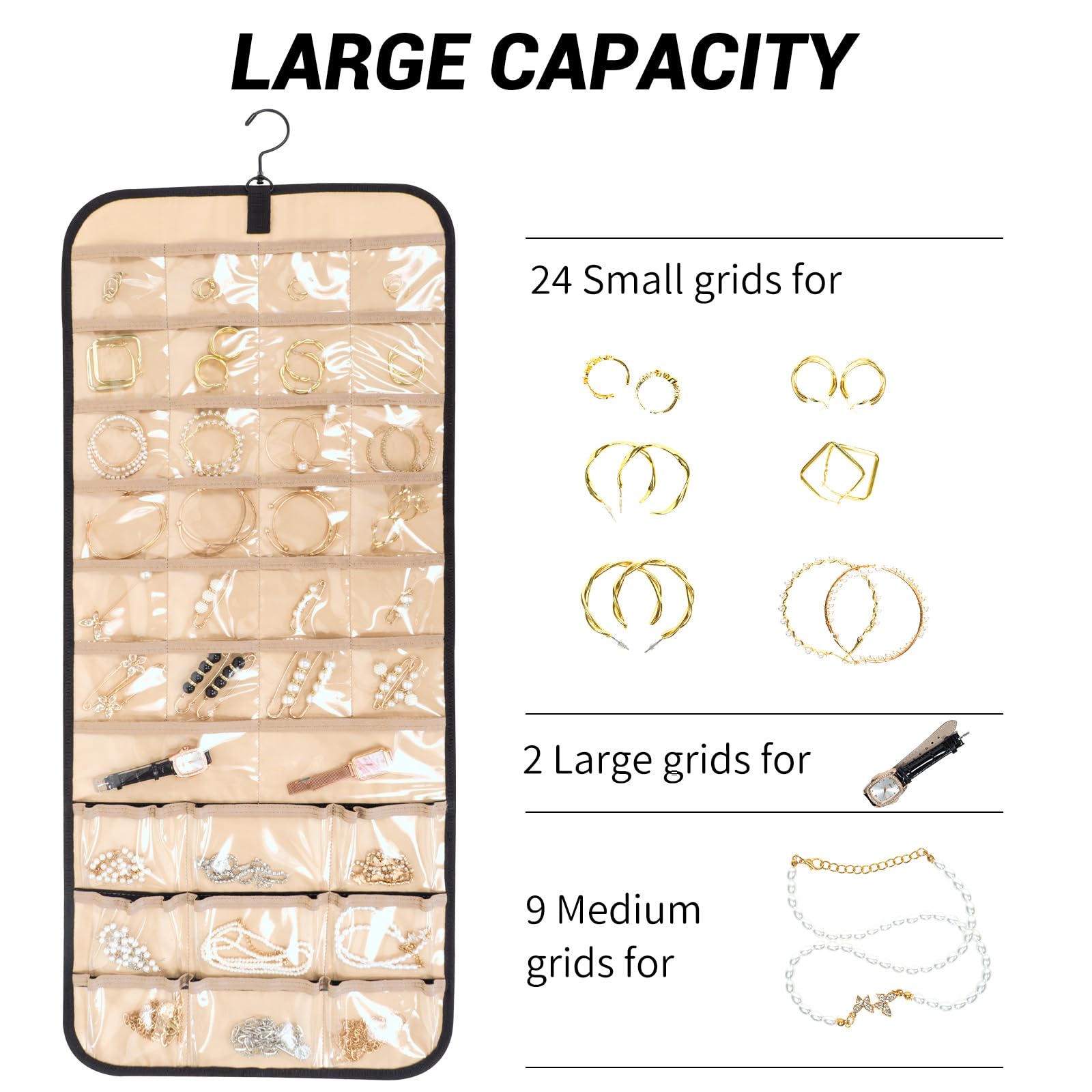 Hanging Jewelry Organizer for Closet - Necklace Earring Holder with Dustproof Cover & Rotating Metal Hook - Large Black Jewelry Storage Display Stand (1 Piece) - Perfect for Bedroom, Bathroom, and Travel Organization