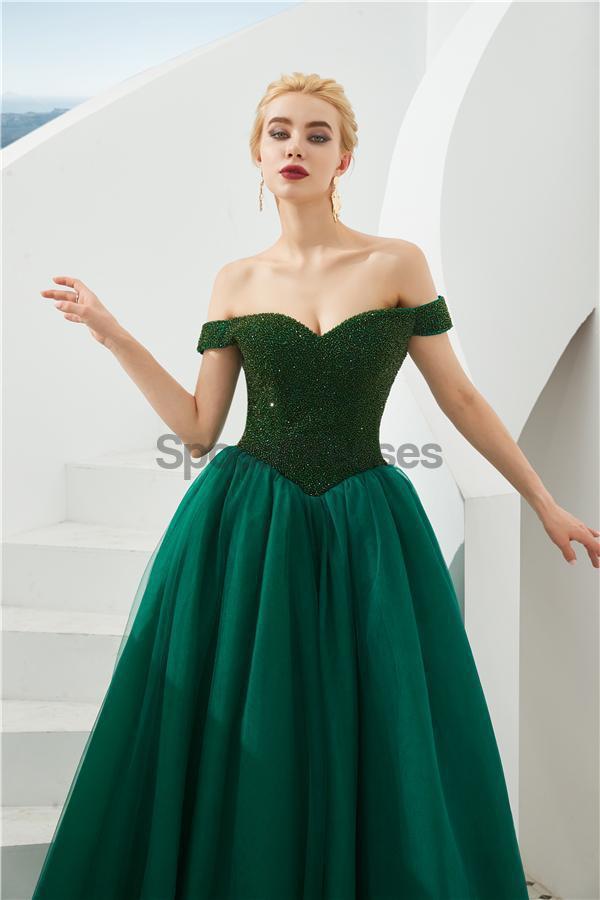 Emerald Green Off Shoulder A-Line Long Prom Dress for Evening Party & Formal Events - Elegant Homecoming, Wedding Guest, and Special Occasion Gown 12129
