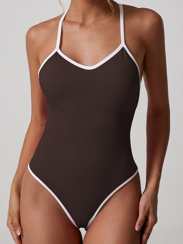 ZASUWA Women's V-Neck Cross Back Contrast Stripes Bodysuit - Sexy & Comfortable for Casual Wear, Night Out, and Layering