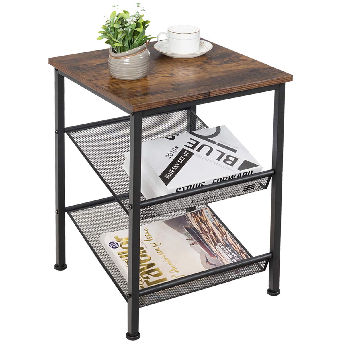 Safeplus End Table - 2 Tier & 3 Tier Modern Side Tables with Metal Mesh Storage | Industrial Nightstands for Living Room & Bedroom | Perfect for Small Spaces, Apartments & Dorm Rooms