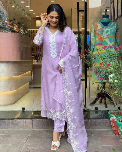 Lavender Georgette White Embroidered Salwar Suit Set for Women - Elegant Traditional Indian Outfit for Weddings, Festivals & Special Occasions