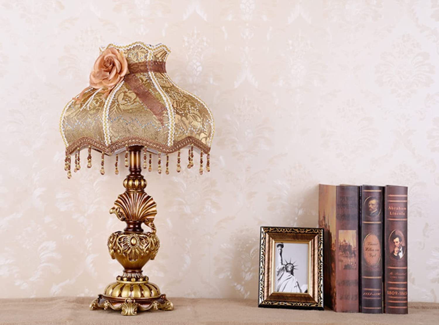 Victorian Style Traditional Table Lamp - Handmade Fabric Lampshade, European Natural Resin Painted Lamp Body, Bedside & Desk Lighting for Bedroom & Living Room | Warm Ambient Lighting for Reading & Relaxation (Color Options, Power Switch Included)
