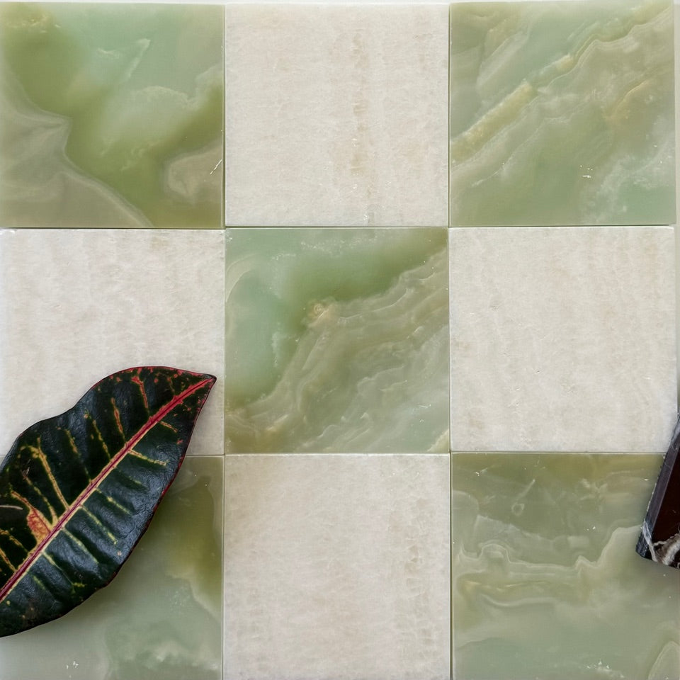 Premium Vanilla Onyx & Green Onyx Checkerboard Tiles - High Gloss Polished Finish for Kitchen Backsplash, Bathroom Walls & Flooring