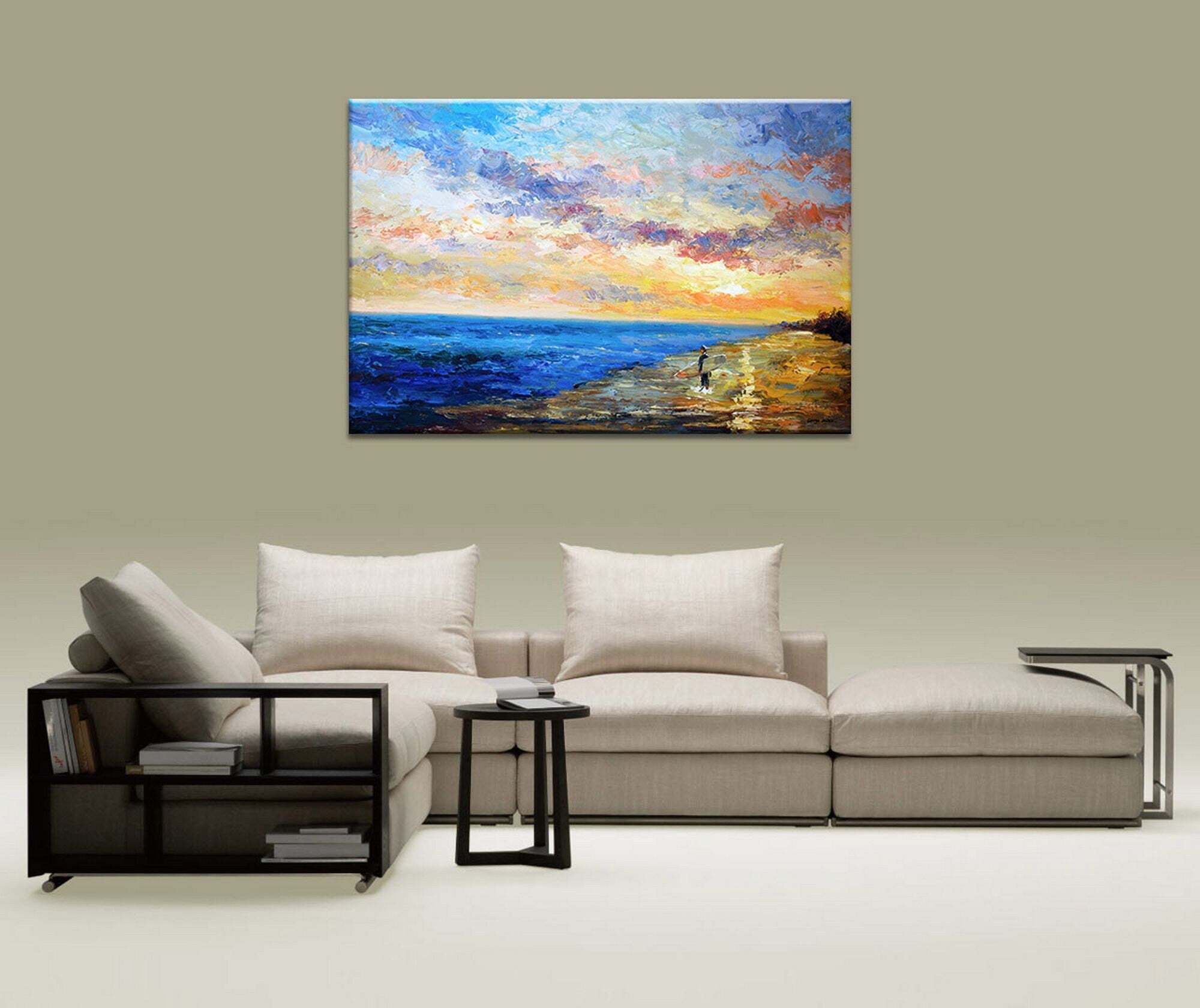 Large Abstract Oil Painting on Canvas - Contemporary Wall Decor Artwork with Seascape Sunrise Design | Perfect for Living Room, Bedroom, or Office Decoration