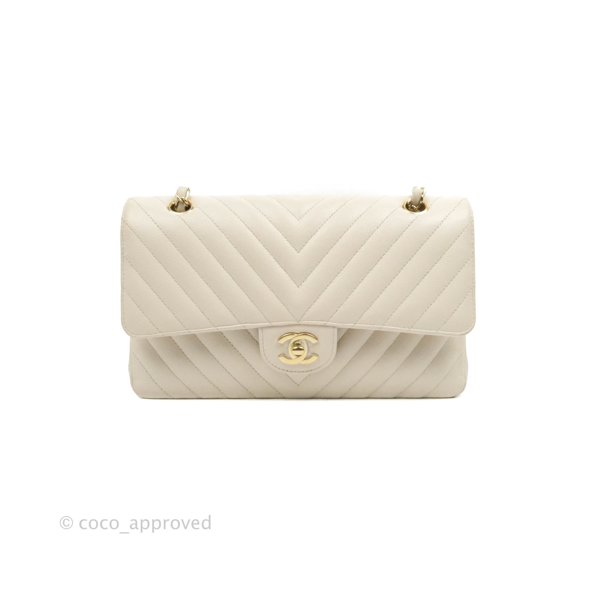 Chanel Classic M/L Medium Double Flap Chevron Ivory Caviar Gold Hardware Bag - Luxury Designer Handbag for Women, Perfect for Parties, Weddings & Special Occasions