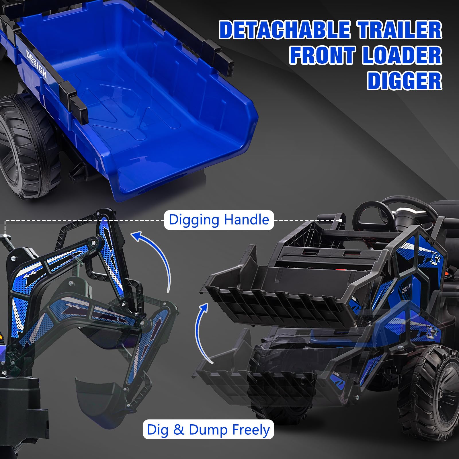 GARVEE 24V Electric 3-in-1 Ride On Tractor for Kids - Excavator & Bulldozer Toy with Remote Control, LED Lights, Music, USB/Bluetooth - Supports Up to 66 lbs (Bright Blue) - Perfect for Outdoor Play, Backyard Fun & Construction Pretend Play