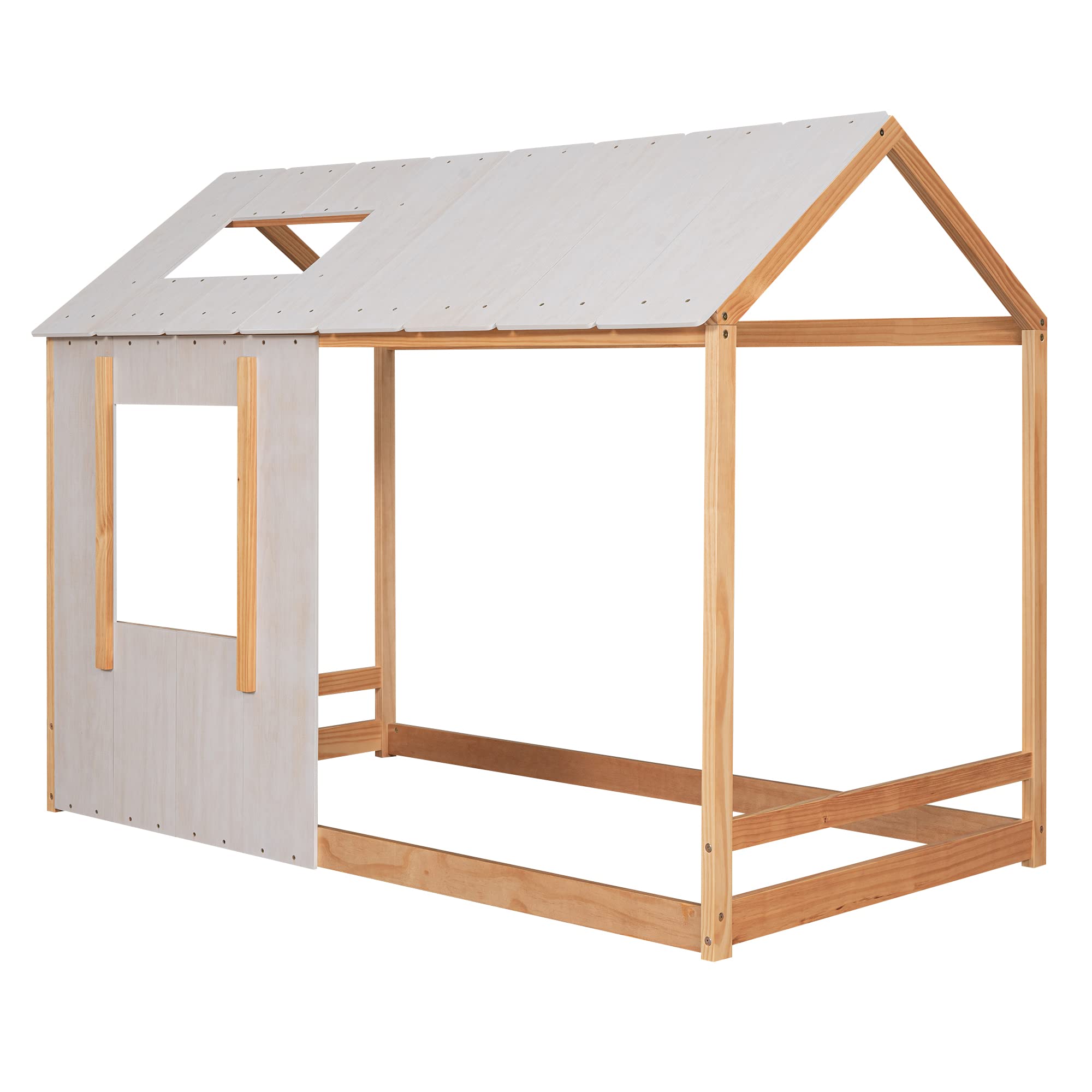 Wooden Twin House Bed Frame with Roof and Window for Kids - Twin Size Floor Bed in Natural & Antique White - Perfect for Boys & Girls Bedrooms, Playrooms, and Cozy Sleepovers