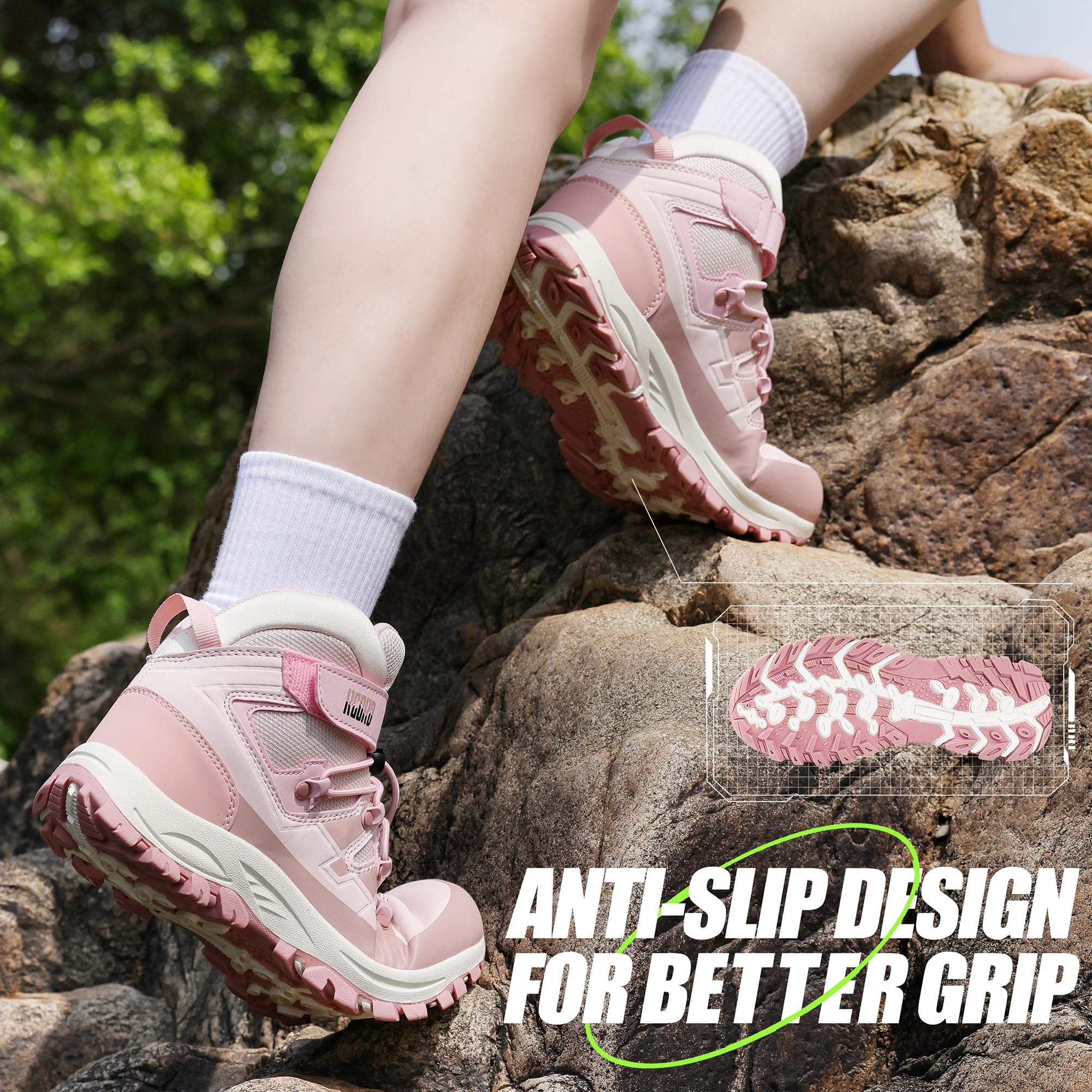 **Waterproof Kids Hiking Boots for Girls - Durable TPR Traction & Anti-Skid Soles - Drawstring Closure for Secure Fit - Perfect for Outdoor Adventures, Trail Hiking & Camping**