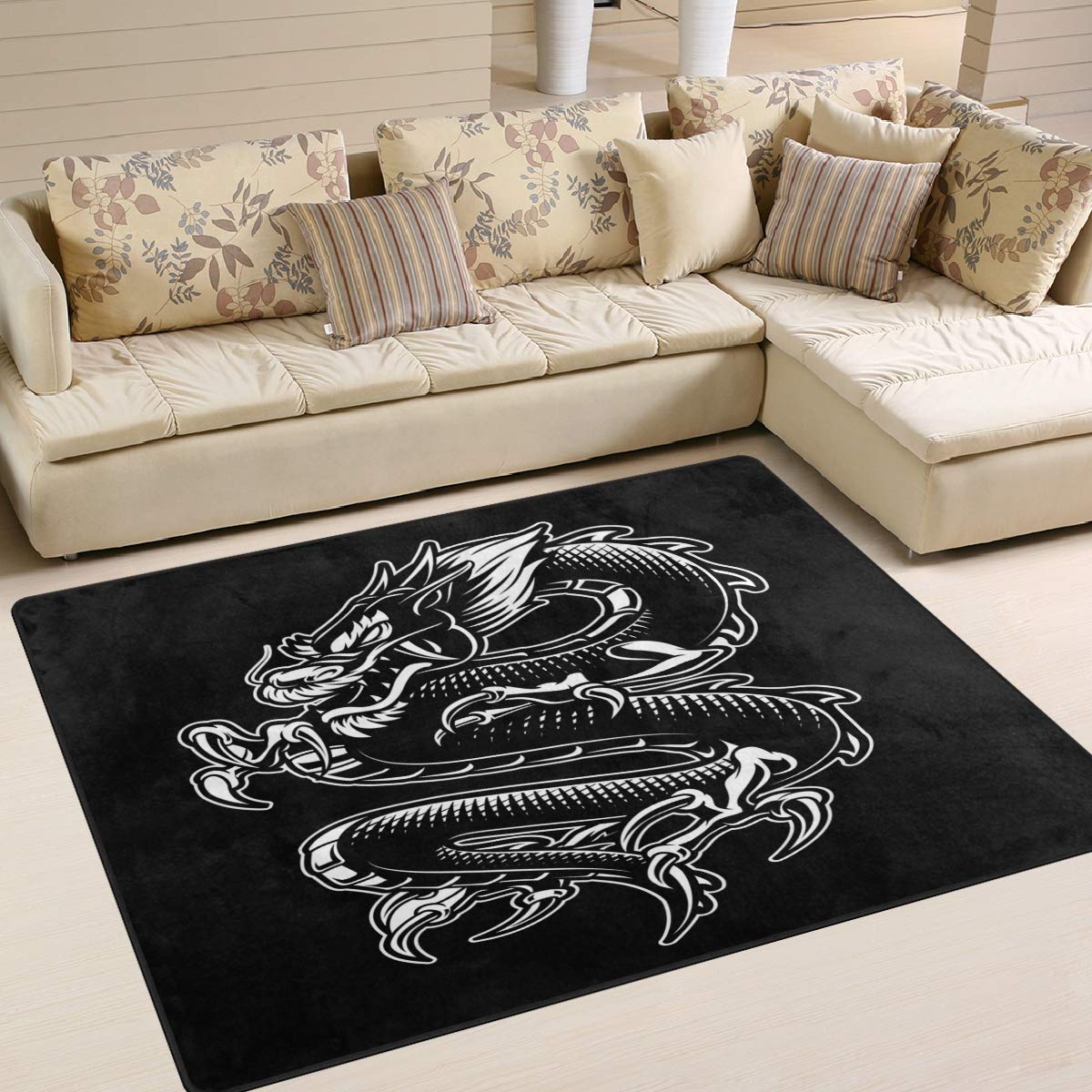 ALAZA Japanese White Dragon Black Area Rug - 7' x 5' Modern Oriental Carpet for Living Room, Bedroom, Office | Home Decor, Floor Mat for Anime & Zen Style Interior Design