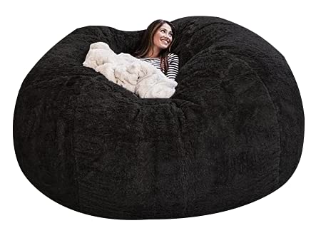 5FT Black Faux Fur Bean Bag Chair Cover - Soft Fluffy Giant Round Replacement Slipcover for Living Room Furniture, Sofa Bed, and Lounge Chairs (Not Full Bean Bag) | Perfect for Home Theater, Game Room, Dorm Decor & Cozy Reading Nook