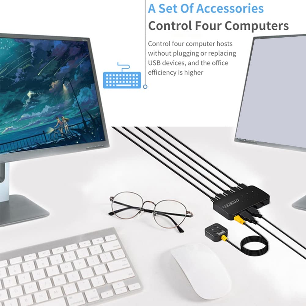 Tweovnai 4 Port KVM Switch - USB HDMI 4 Input 4 Output for Laptop, Computer, Printer, Keyboard, Mouse & Monitor - Perfect for Home Office & Multi-Device Workspace Setup