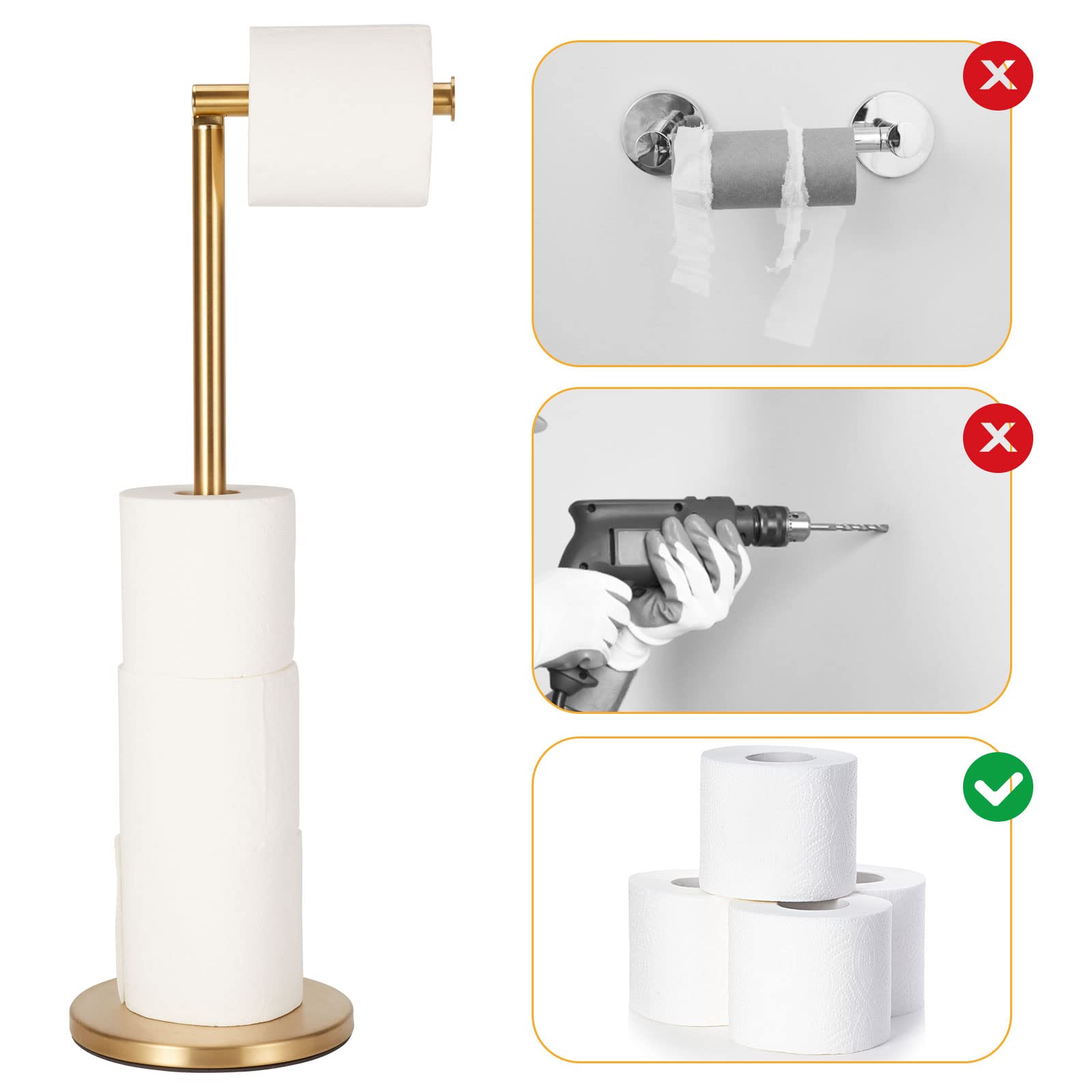 Stainless Steel Free Standing Toilet Paper Holder Stand - Gold Bathroom Tissue Roll Pedestal for Modern & Luxury Home Decor