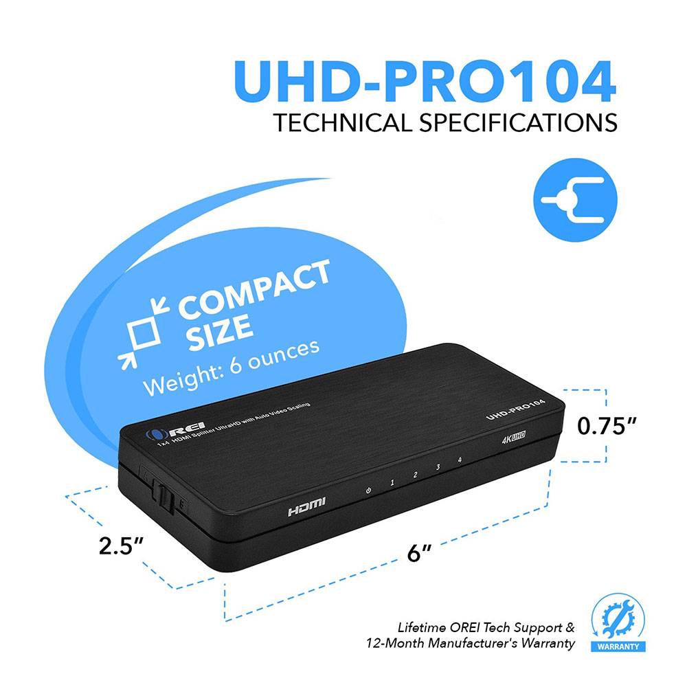 Premium 1x4 HDMI Splitter 4K 60Hz - 1 Input 4 Outputs UHD 4K@60Hz with Auto Downscaling & EDID Management (UHD PRO104) - Ideal for Home Theater, Gaming, and Multi-Screen Presentations