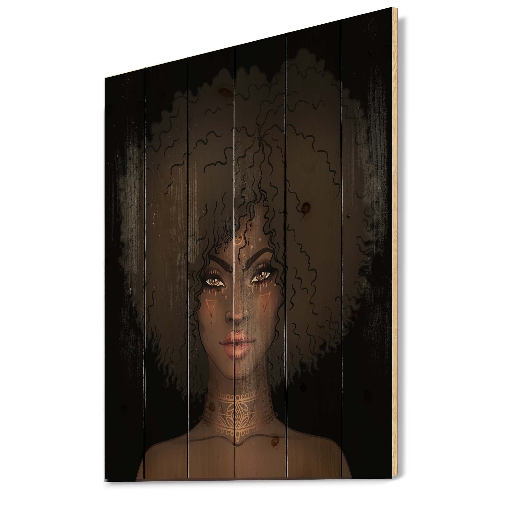 Modern African American Woman Portrait Wall Art - Brown Wood Panel Decor, Contemporary Large Wooden Wall Hanging Printed on Natural Pine - Perfect for Living Room, Bedroom & Office Decor