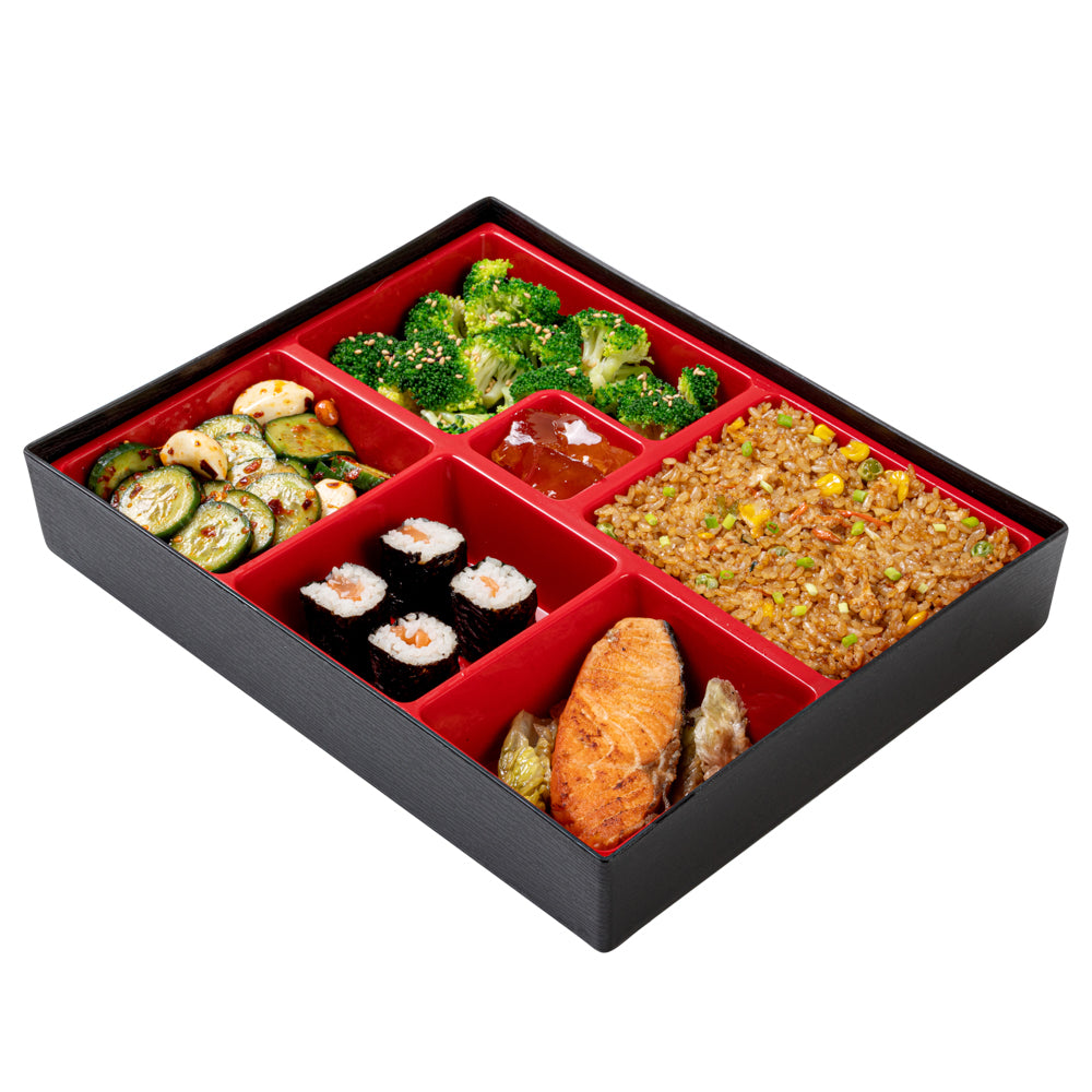 Large Japanese Style Bento Box - 6 Compartments Black & Red Lunch Container (12.25