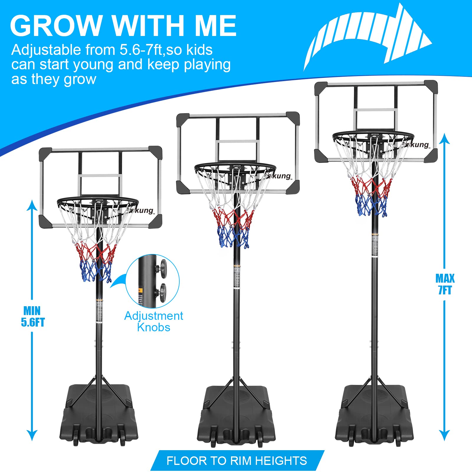 Adjustable Basketball Hoop for Teens & Youth - 4.8ft to 7.7ft Height Range, 28