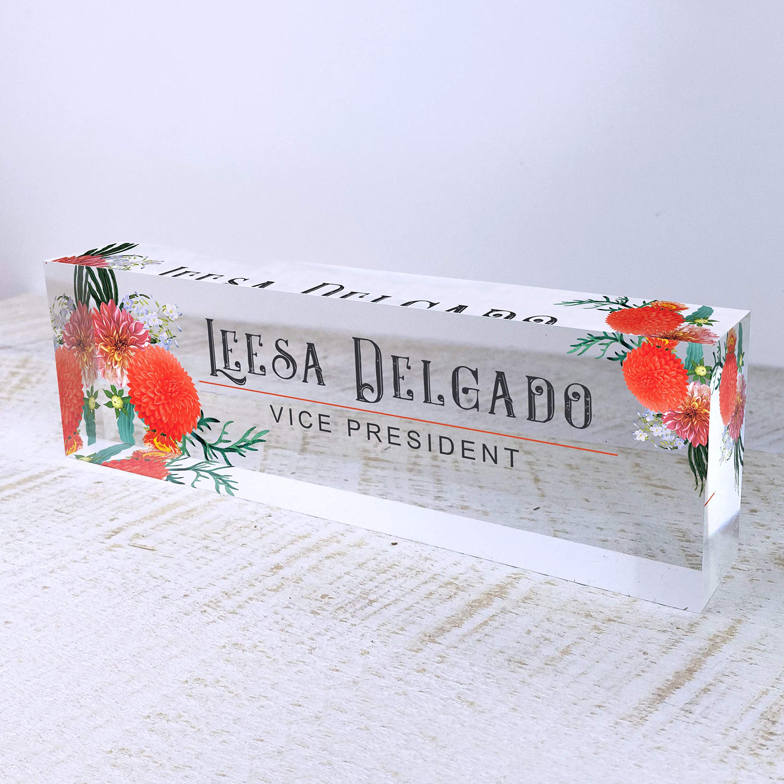 Personalized Artblox Office Desk Name Plate - Custom Engraved Clear Acrylic Glass with Autumn Flowers Design (8