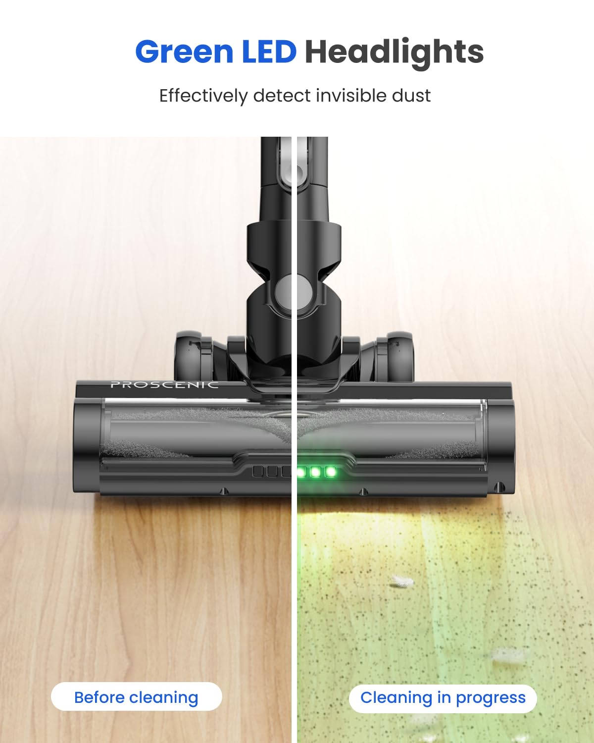Proscenic Cordless Vacuum Cleaner - 45Kpa Powerful Suction, 50 Min Runtime, Lightweight Stick Vacuum with Green Light & Anti-Tangle Brush - LED Display for Hard Floors, Carpets & Pet Hair - Perfect for Home Cleaning, Car Detailing & Pet Owners